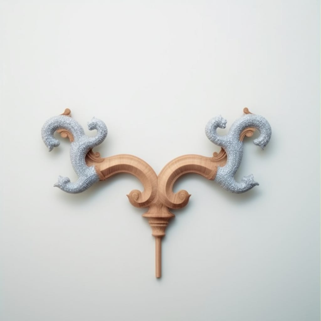 This image depicts a wall sculpture resembling a wooden ornament with abstract shaped blueish details.