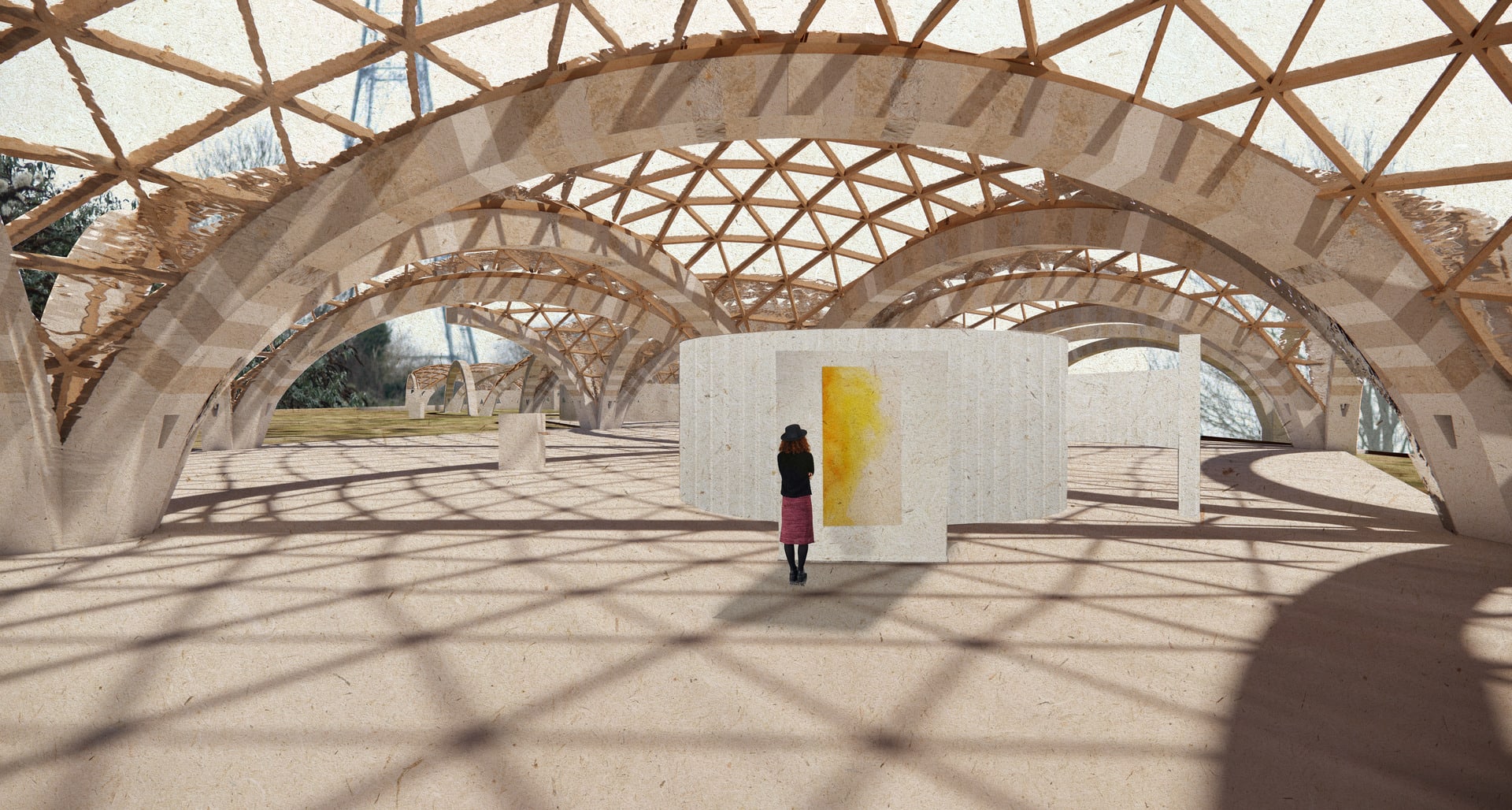 These miniature spaces formed under the covered vault would serve the galleries and cafes. Their enclosure is made of recycled polycarbonate panels.  Their lightweight and temporary nature allows flex