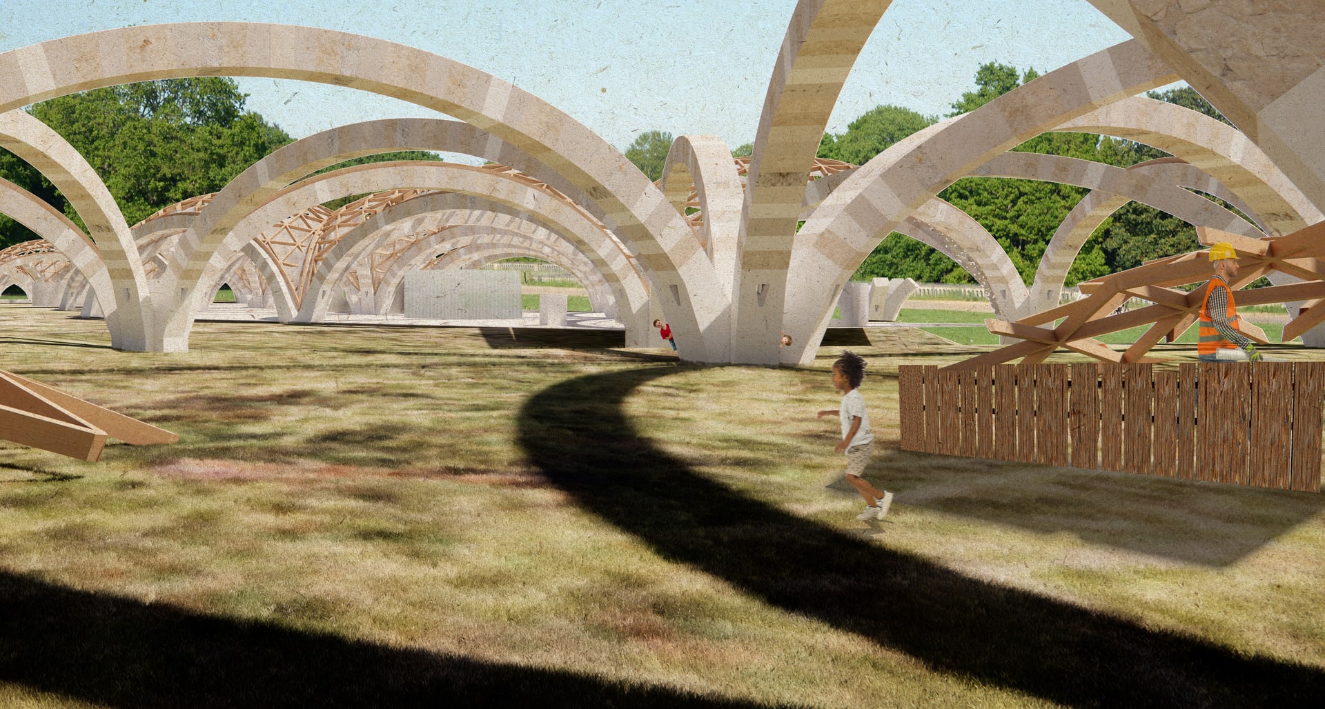 The stone arches could be pre-erected on site when the community needs it.  
The transitional phase could potentially form an interesting playground for children.