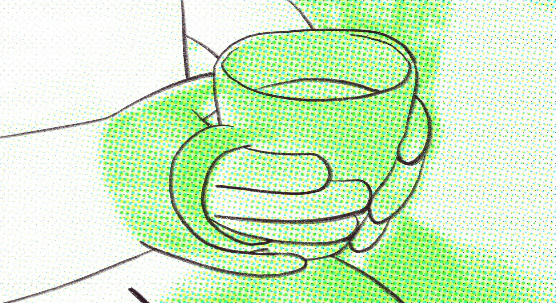 Close up of a hand holding a cup on a green background.