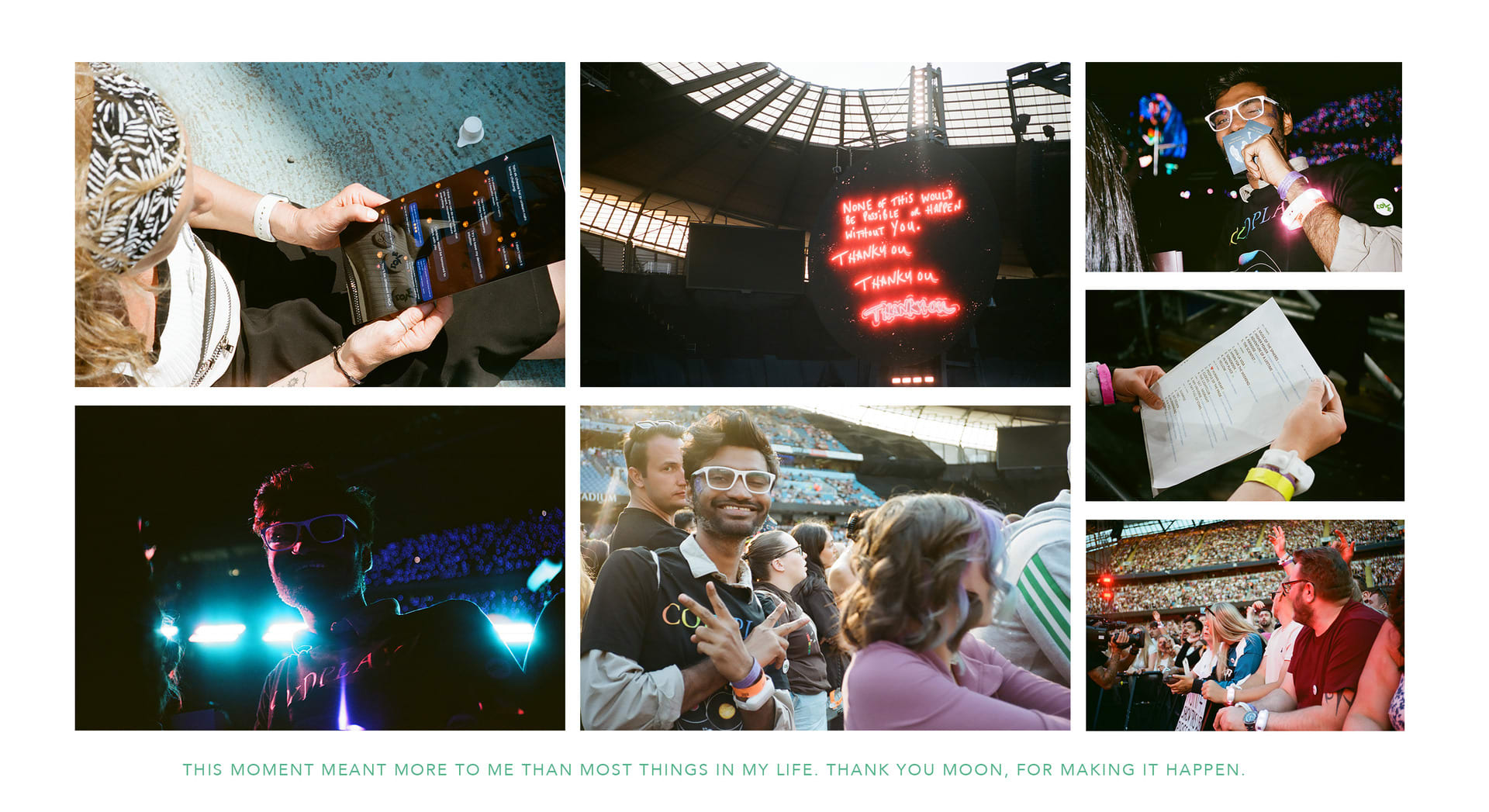 a montage of 7 photos from a Coldplay concert, I am happy, smiling, stage is visible in some photos, a huge crowd in the stadium