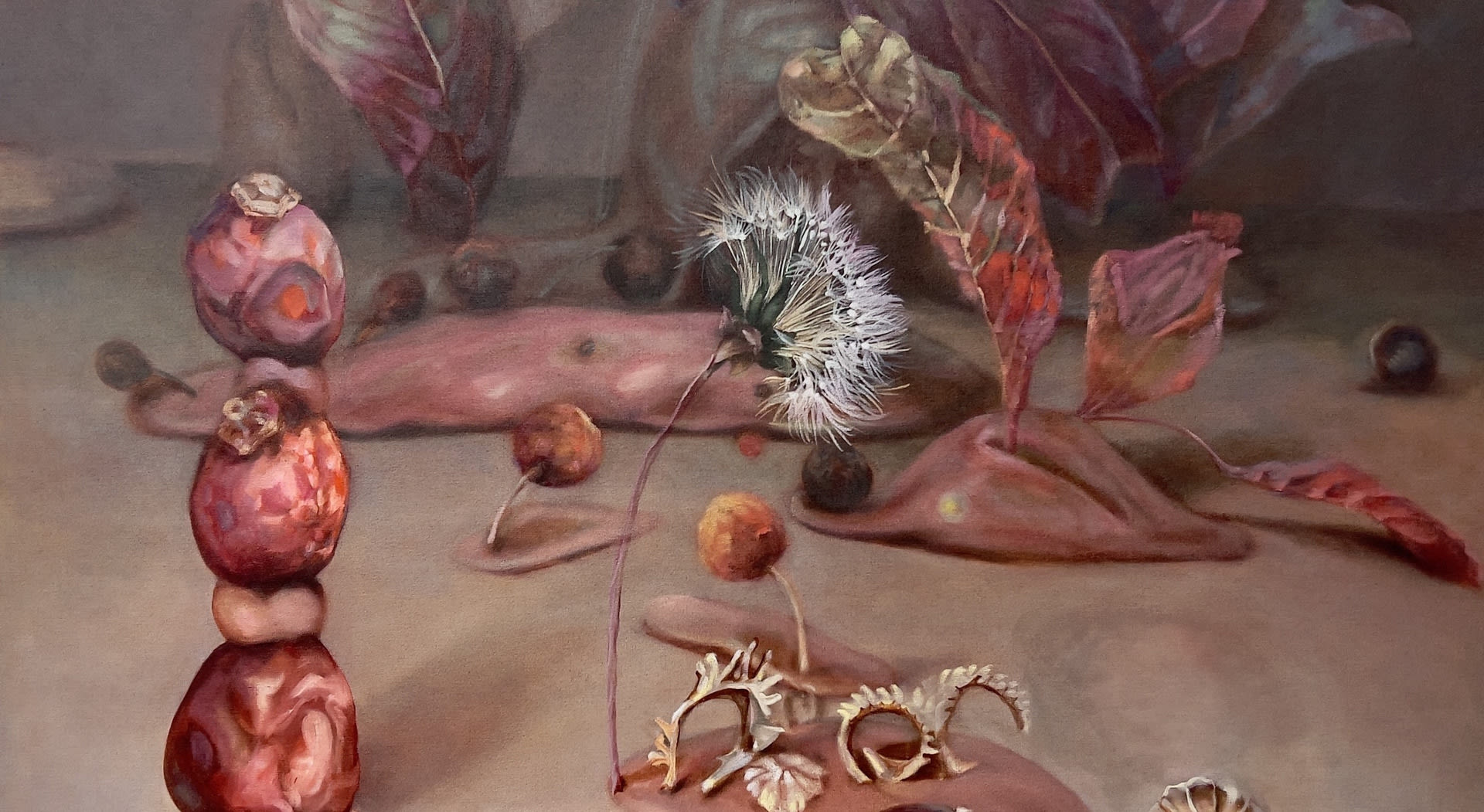 Oil on linen figurative painting of dried plants and seeds arranged into a still life.