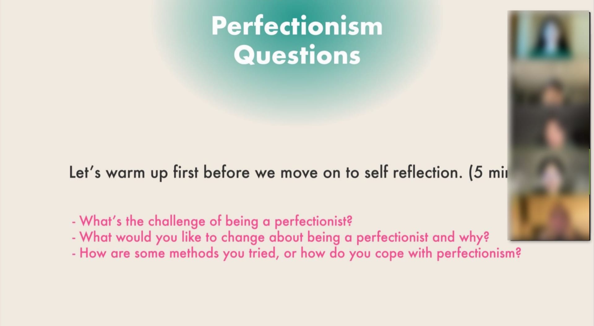 A screen shot of an online journaling workshop for perfectionists.