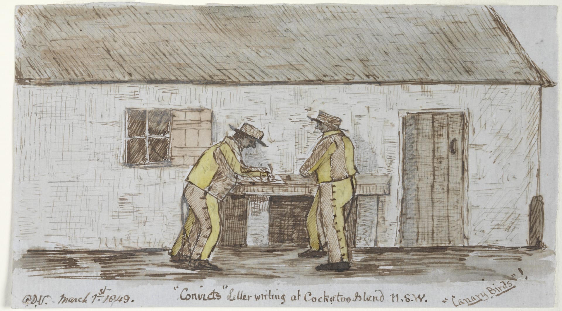 Ink drawing of two men in yellow and black parti-colour uniforms and straw hats writing letters outside prison barracks