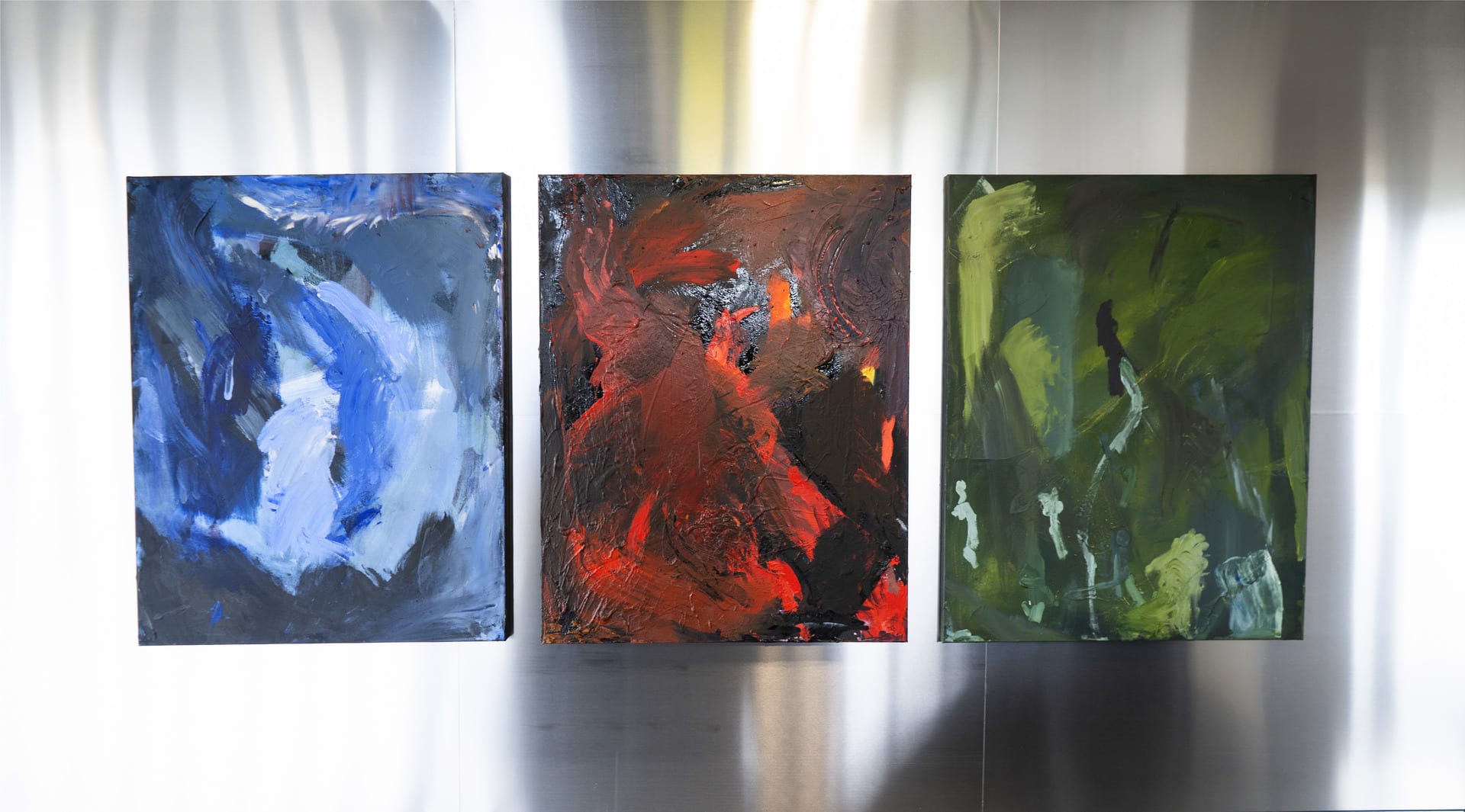 and you say you never met the devil? Canvas triptych, Acrylic, spray paint, graphite on canvas