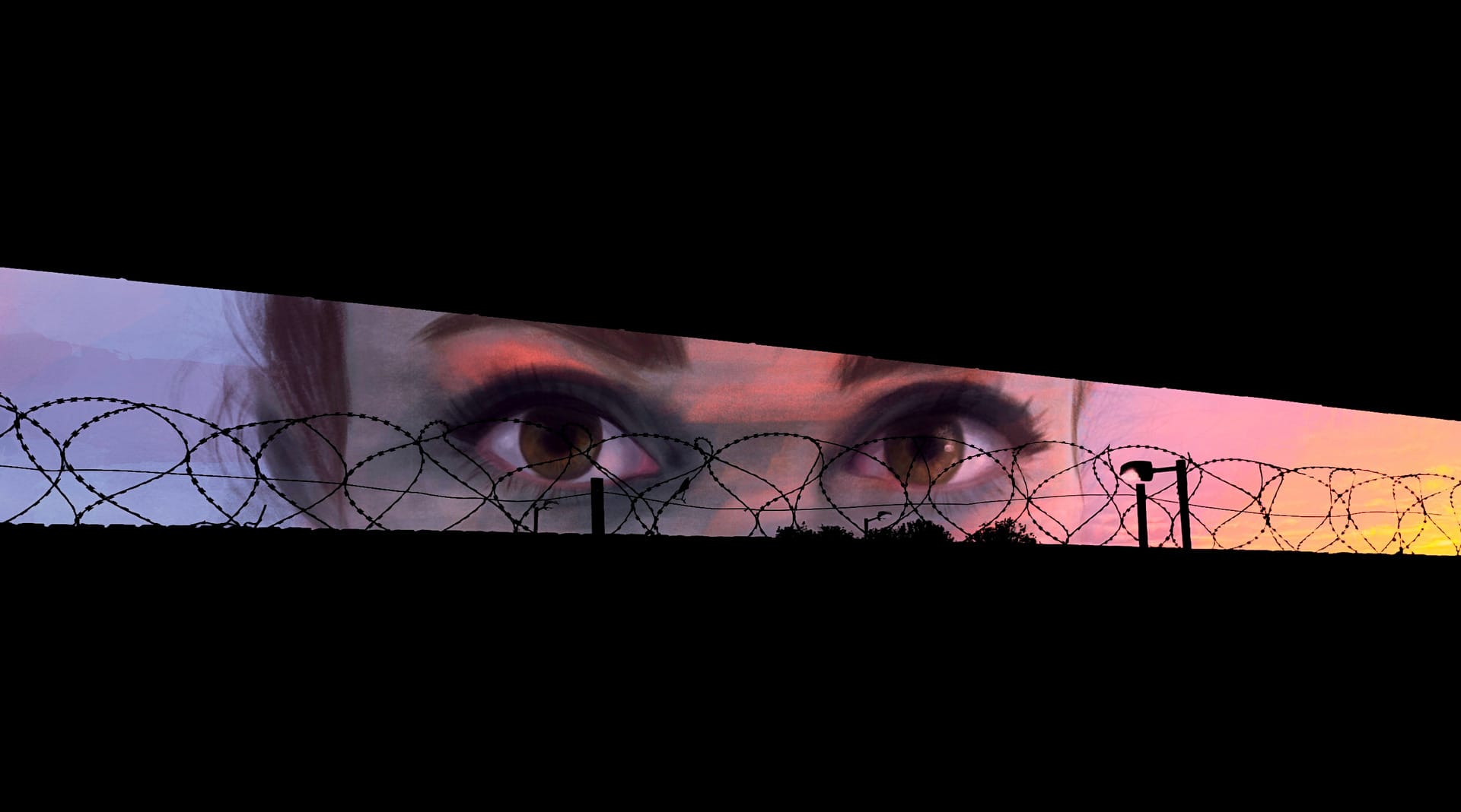 digital painting and photomontage of a giant's eyes peeking in an urban scenario