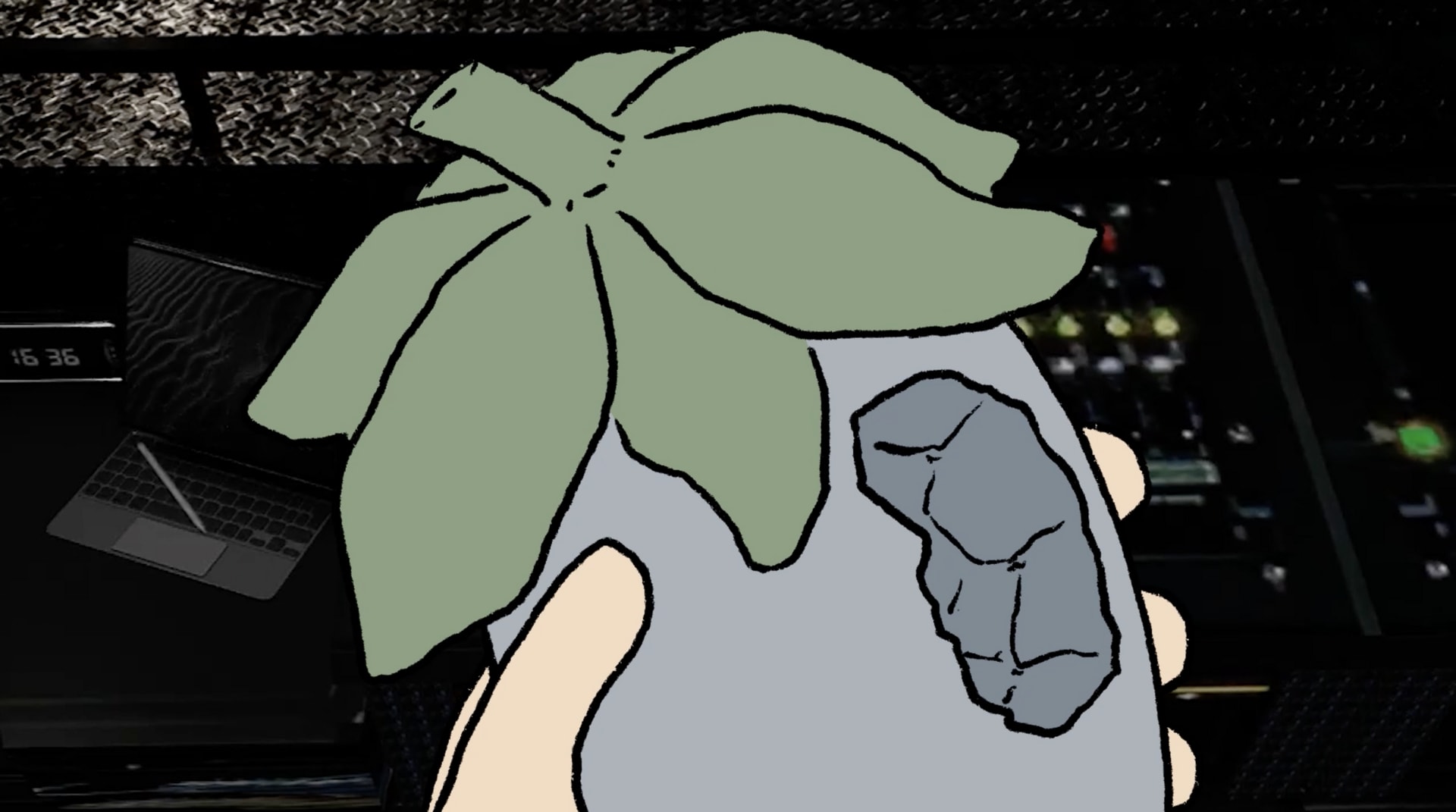 A green-leafed purple herb/fruit, with a bite taken out of it, held in the main character's hand.