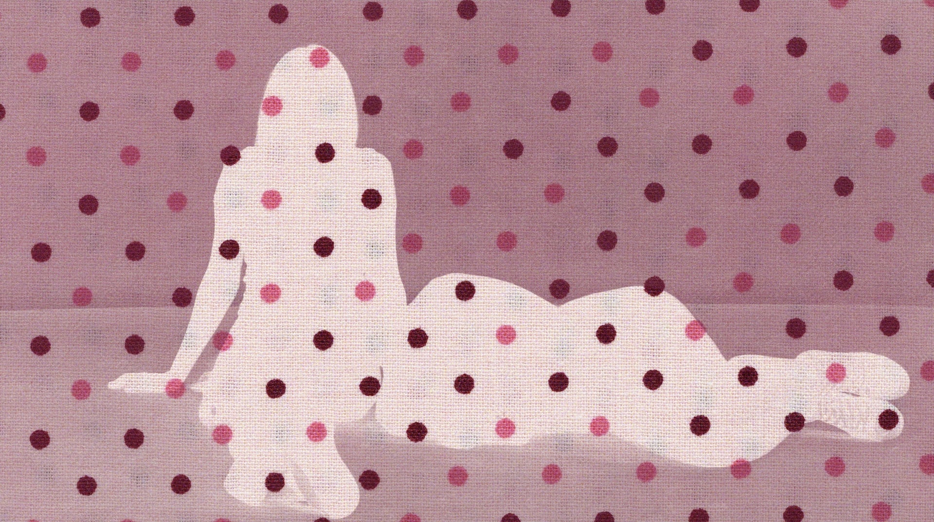 Two silhouetted bodies laying side by side, the screen is covered in dot patterned fabric.