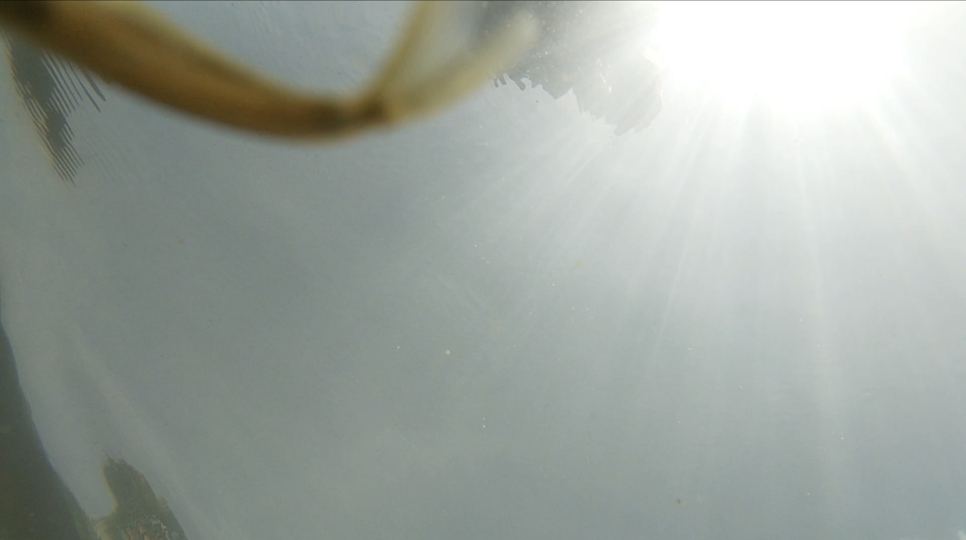 an underwater image where you can see the sun and the tail of a fish