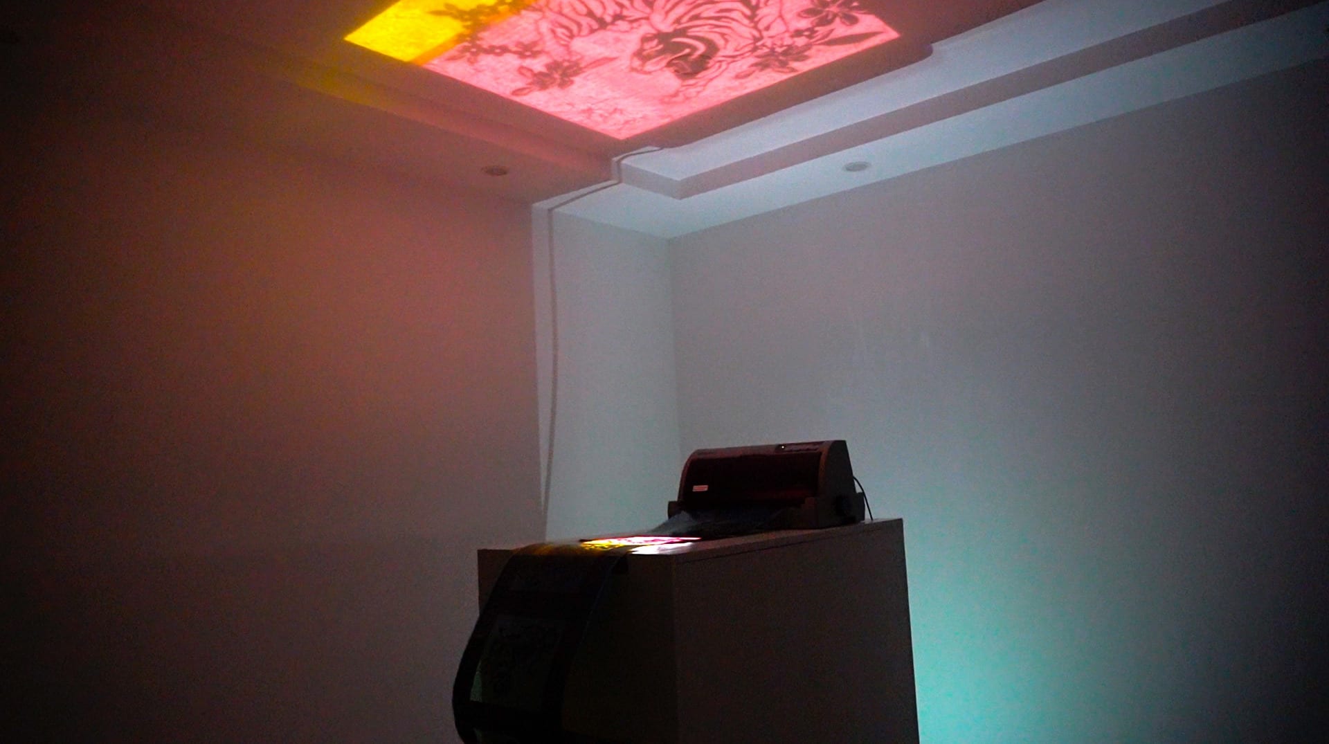 Printelevion (2022), Printer, Paper, Coloured Acrylic Sheets, LED Light, rollers, Wood Panels.