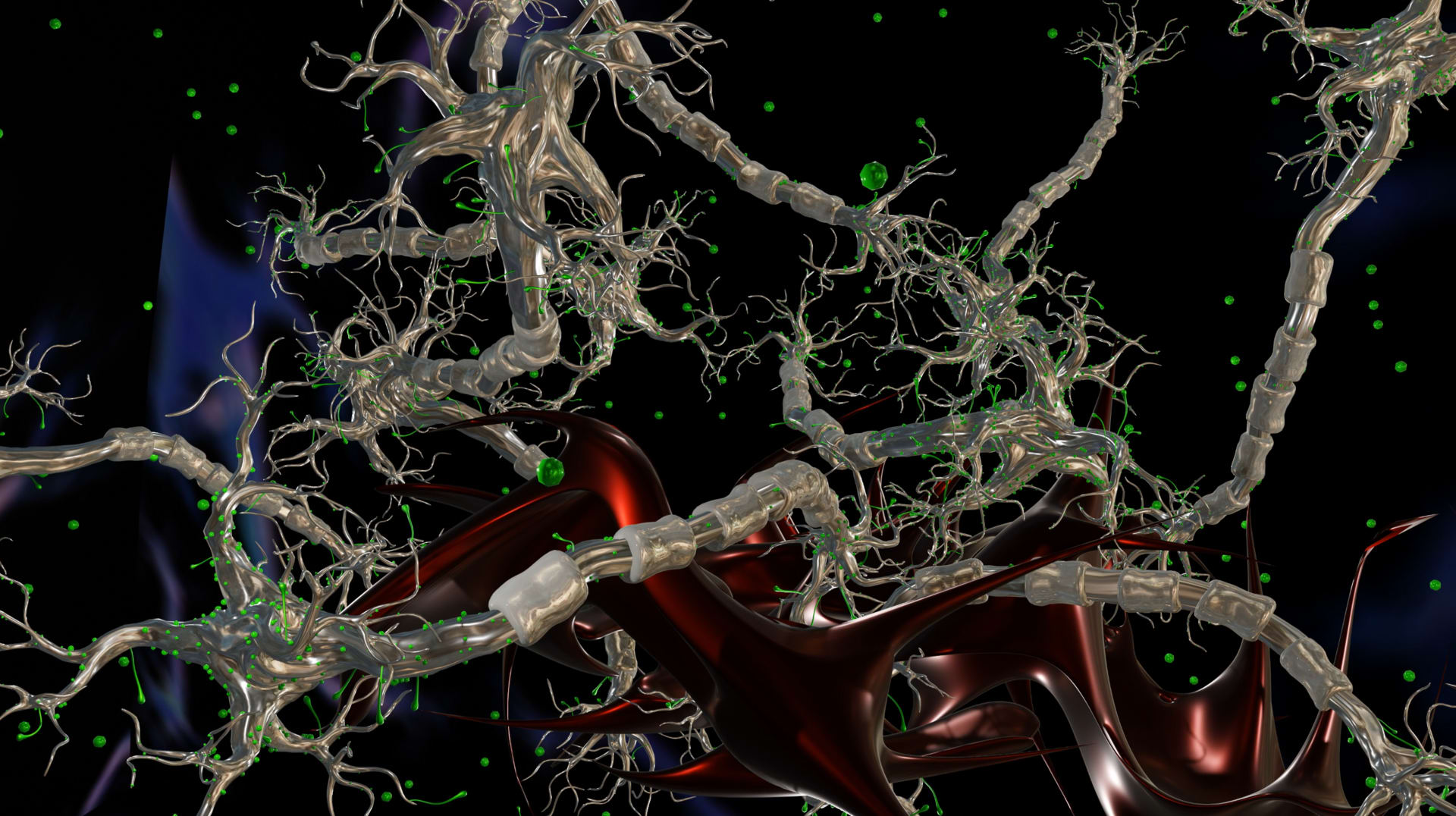 Microcosm: a digital world including veins, blood, cells, landscape.