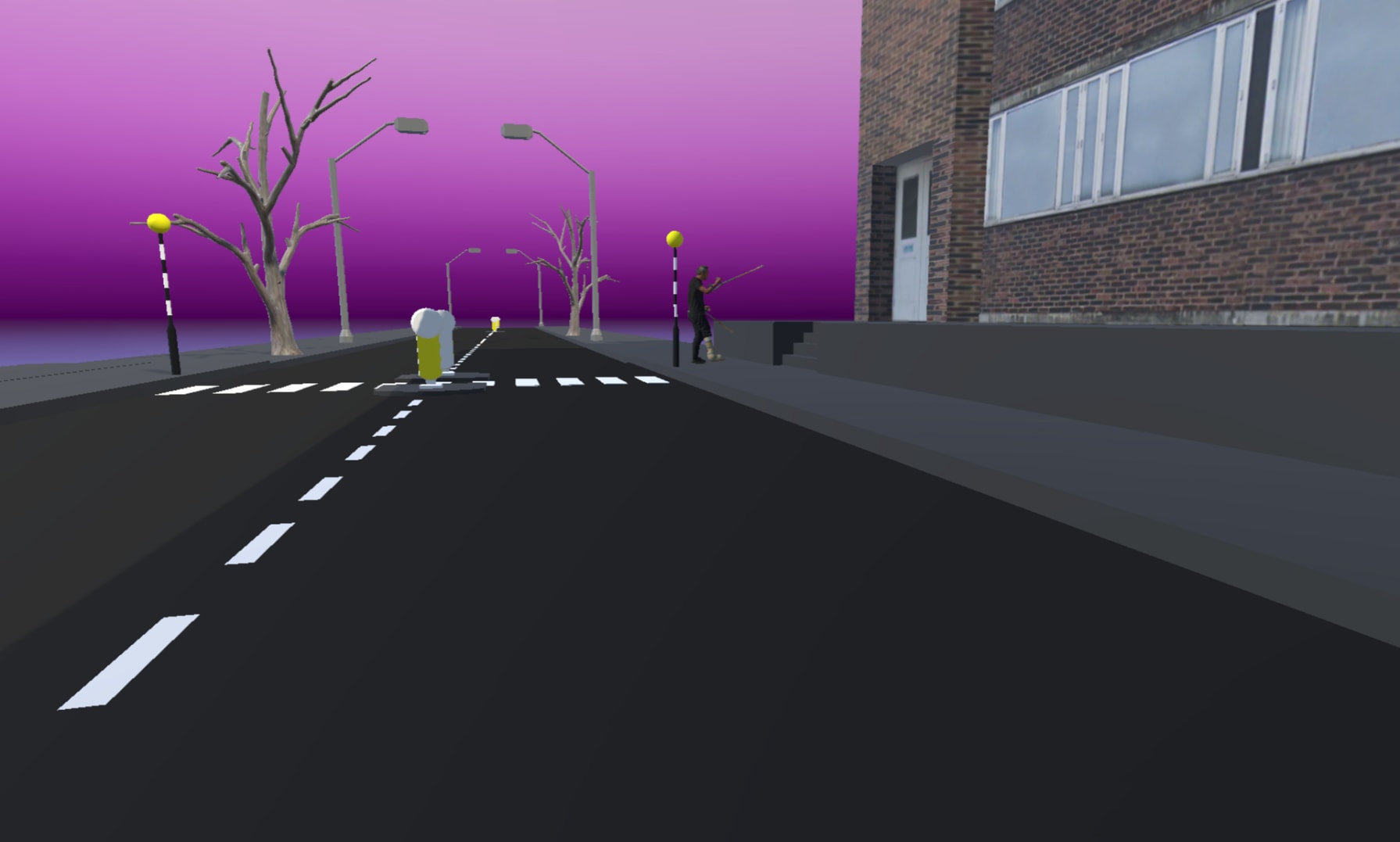 An animation cut scene from the inside view of a VR headset of Justin crossing a zebra crossing towards Tresco House.