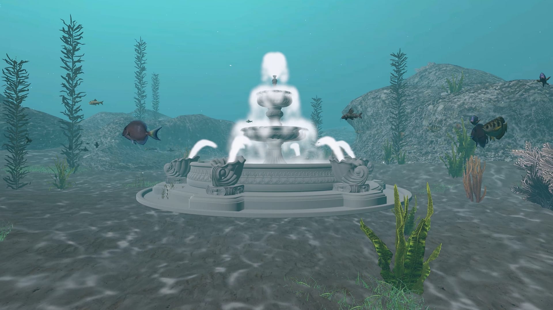 The image contains an underwater fountain and a school of swimming fish.