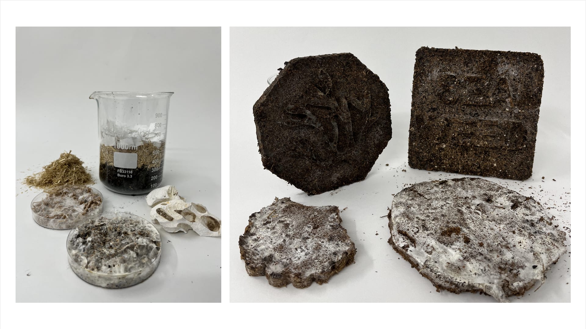 Two images one showing material components of a test in a scientific beaker. The Second some of our successful tile outputs.