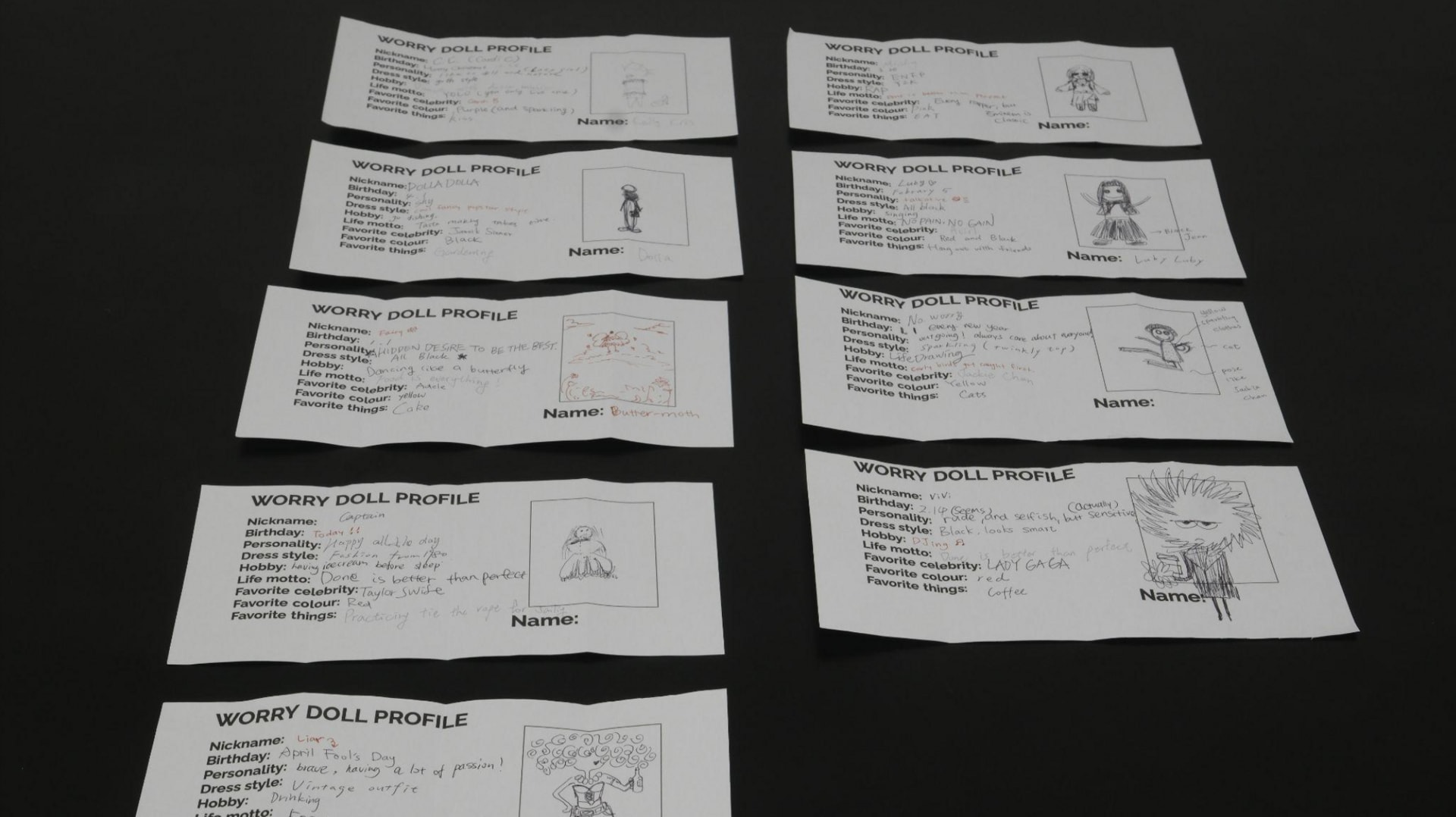 The profiles participants created for their worry dolls.