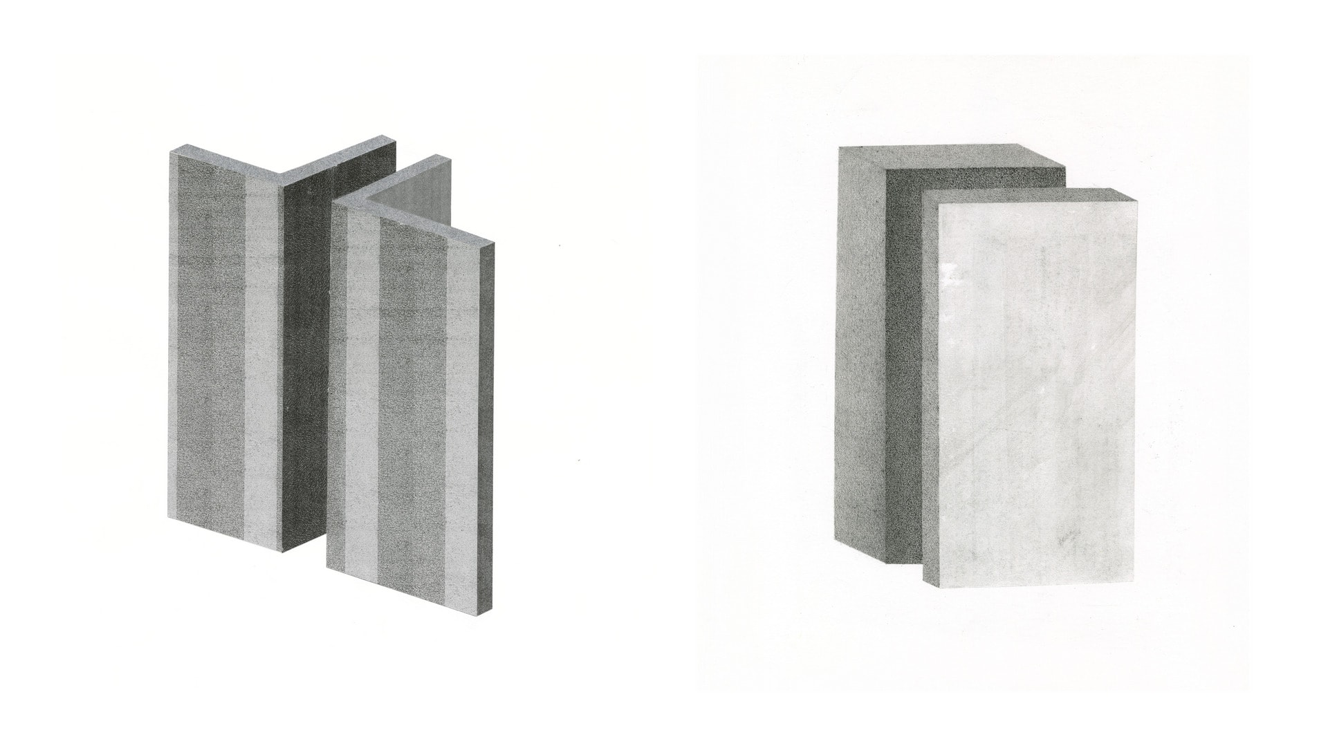 Two pieces of pencil drawings show about space in-between two objects. 