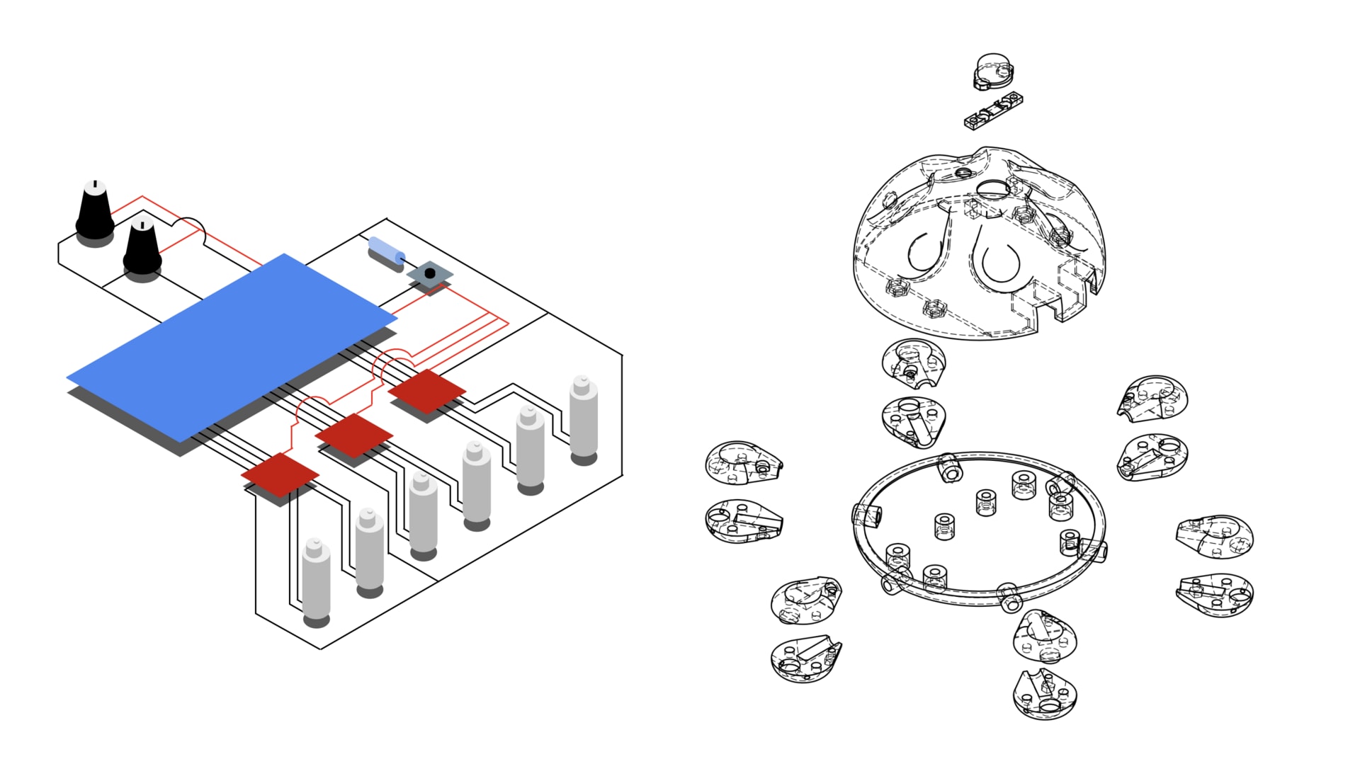 Chime works using an arduino mega, 3 mx1508 motor drivers, and 6 3volt motors - this image depicts the parts of the device