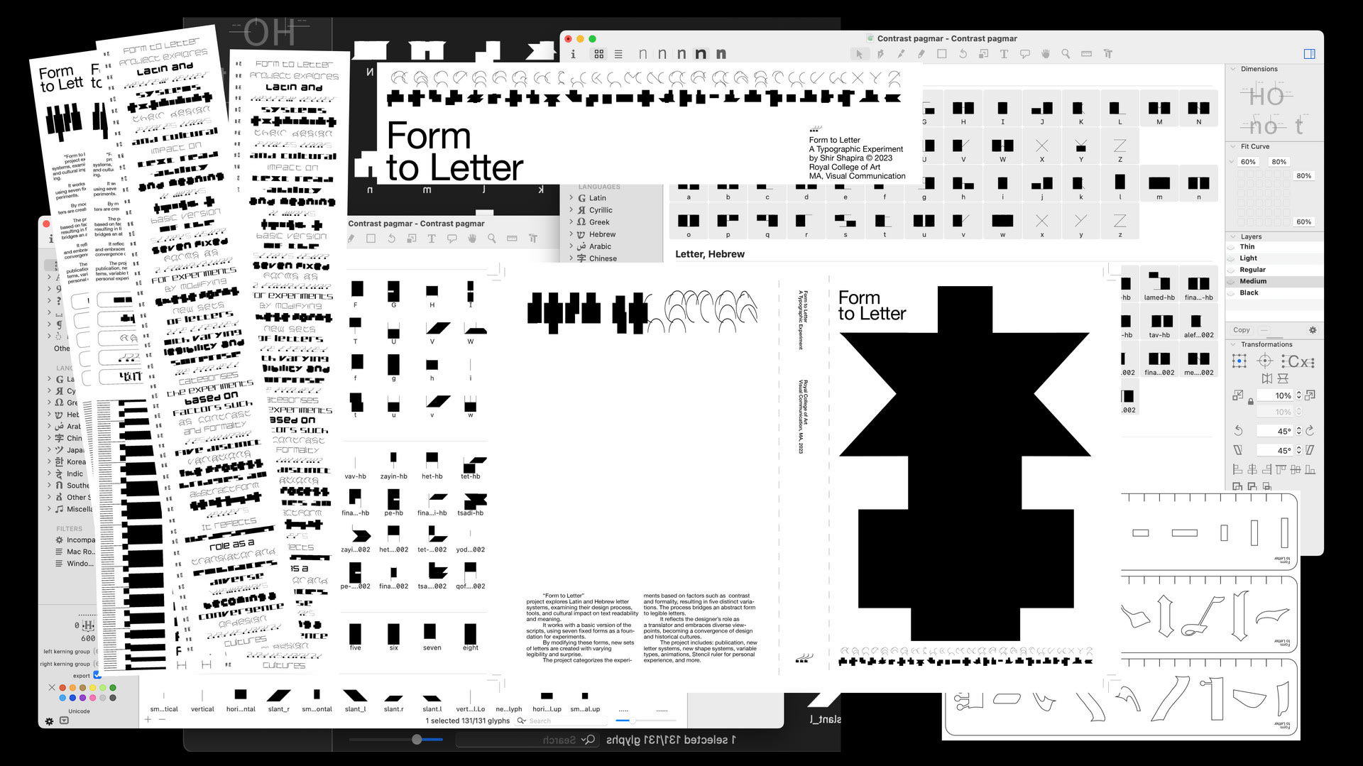 A layout of all the files related to the "Form to Letter" project showing the design results in many sizes.