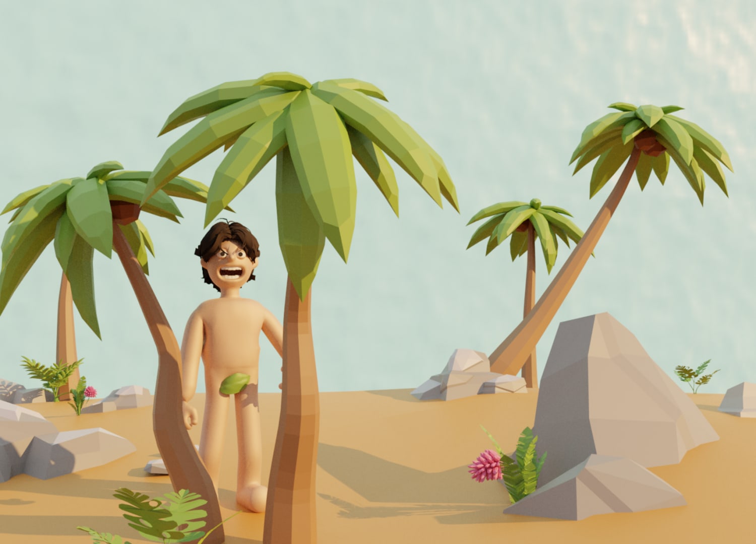 A man stood idle, with only a single leaf to cover himself. He's in the middle of 2 palm trees, amongst rocks and sandy ground.