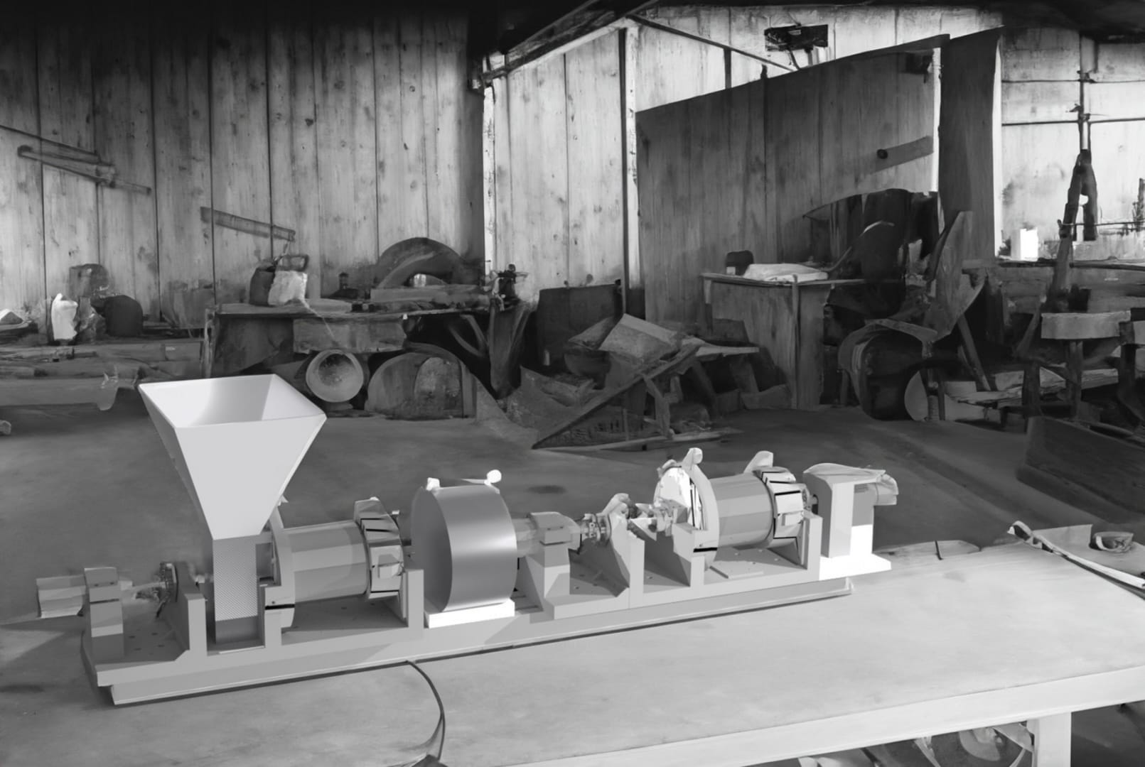 Render of the Leaf Protein Concentrate device in a background of a farm workshop, black and white.