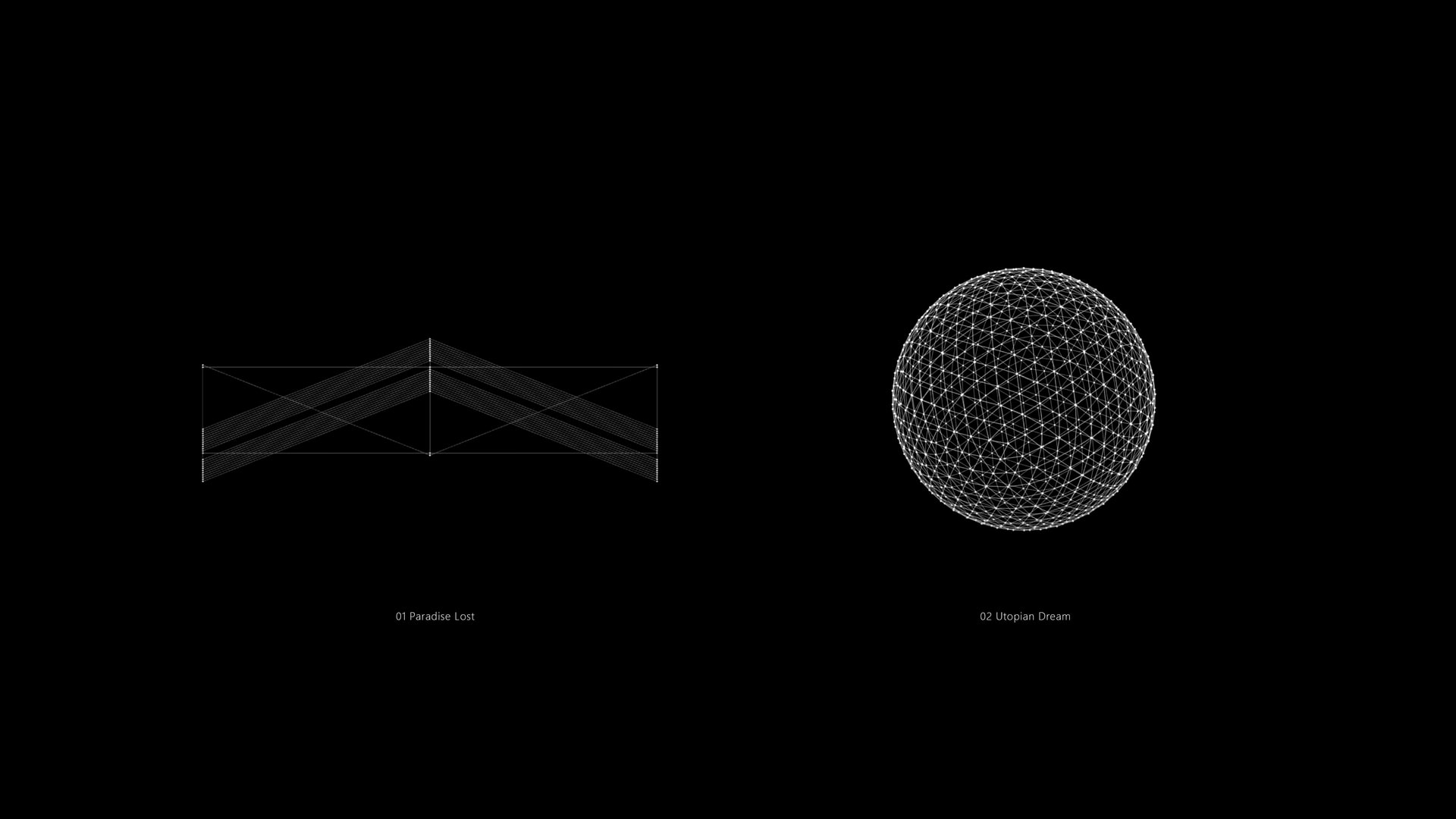 A rectangular arrow made of lines and dots is on the left, a hollow sphere made of lines and dots is on the left.