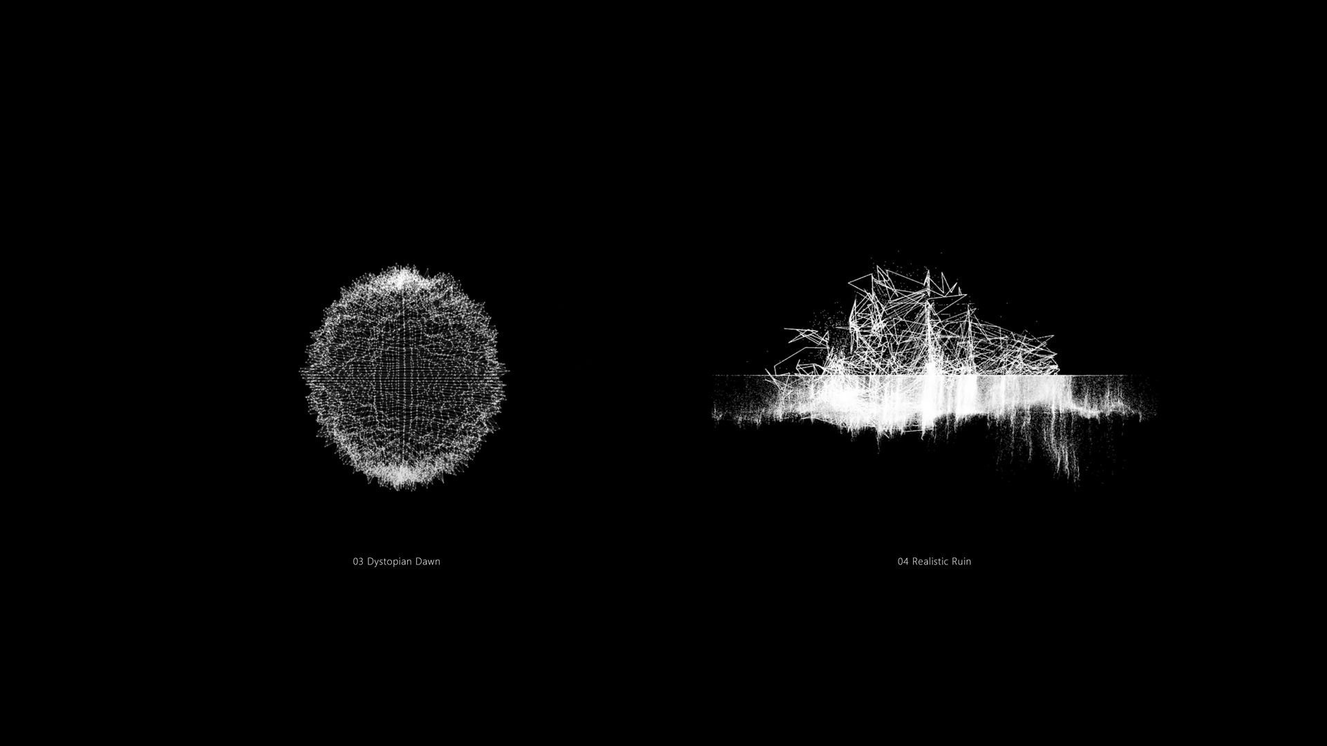 An irregular hollow sphere composed of lines is on the left, a dissolved block composed of lines is on the right.