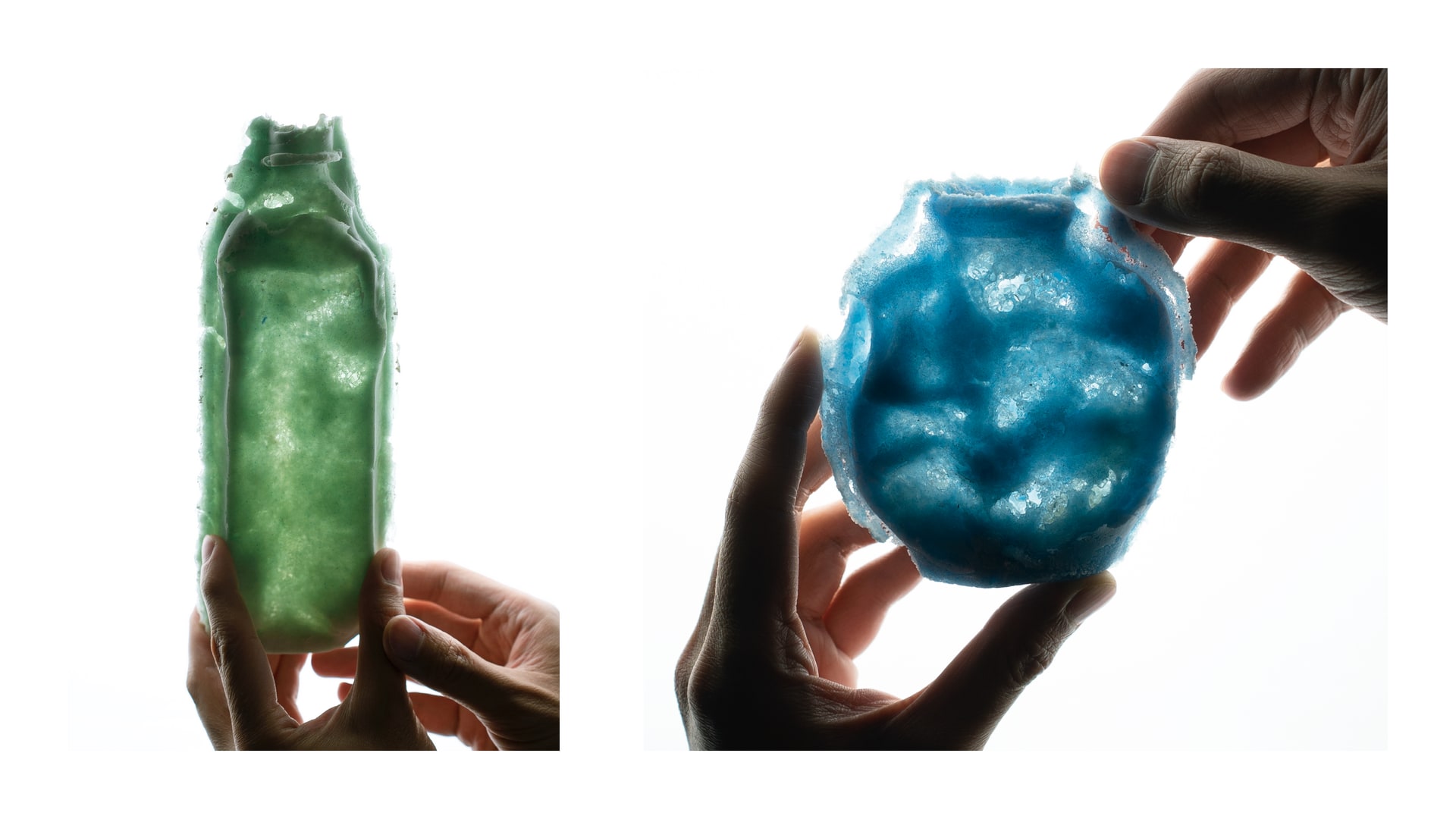 Green VII, Pate de Verre, 21.5 x 8 x 3.5 cm; Blue VIII, Pate de Verre, 10 x 9.5 x 3 cm