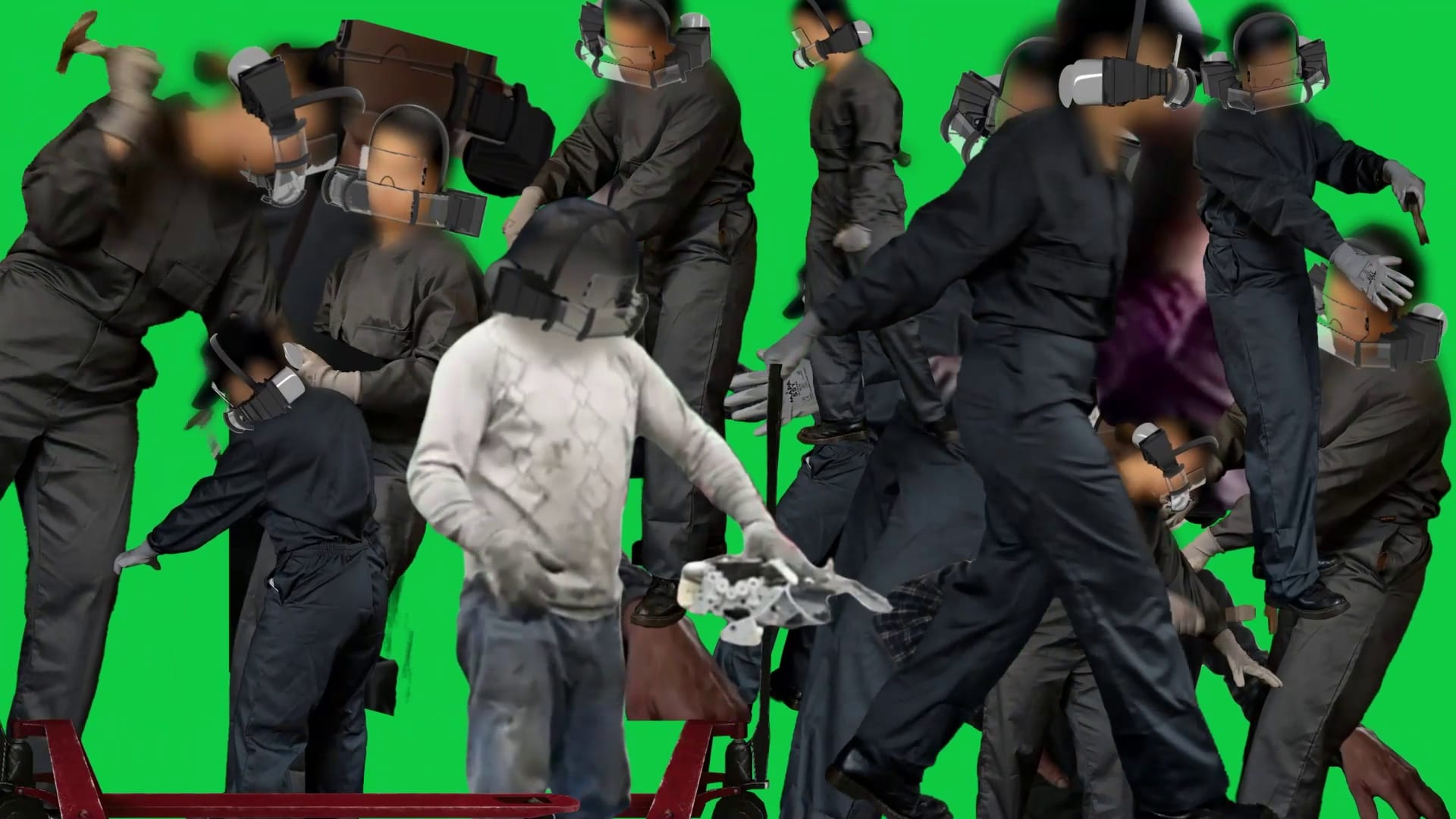 Film still: performers wearing masks perform actions against a green screen background.