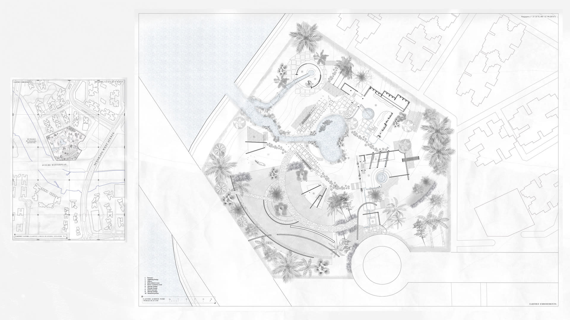 Plan 1:350, Site Plan — The apex of the project lies between the urban cityscape and Sungei Punggol Reservoir.