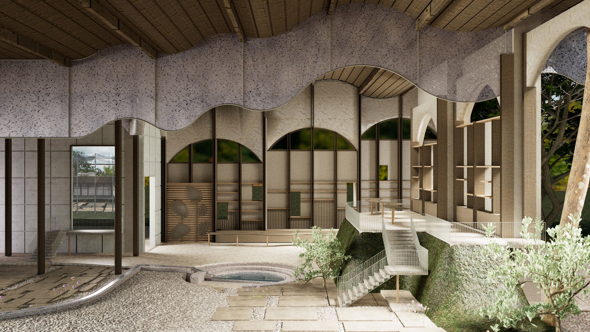 Refreshment room — nature seeps into the building, a view to the fabric passage, capturing the time of waiting and pausing 