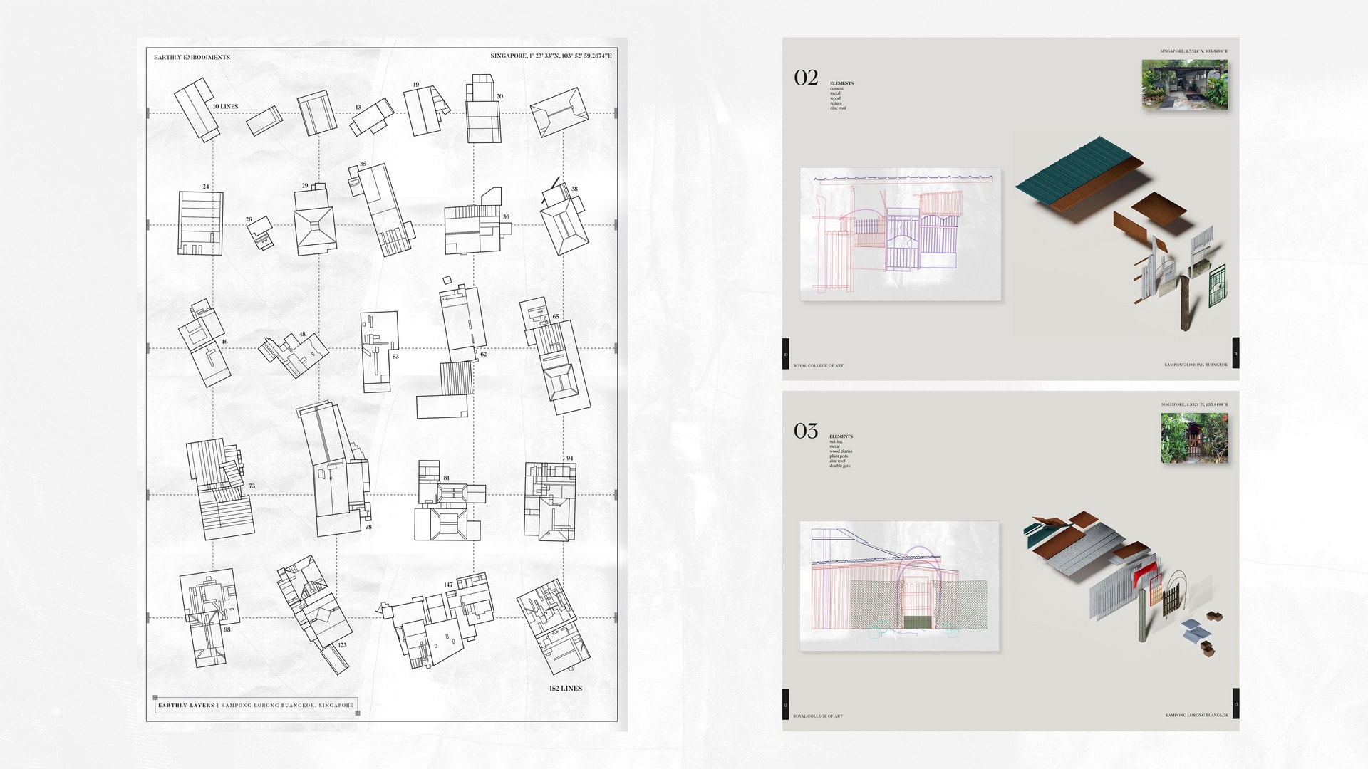 Roof plan, Axonometric Studies — Roof hatches documenting the interchanging materials of Kampong Lorong Buangkok, studies of different levels of transparency with found materials used in residential b