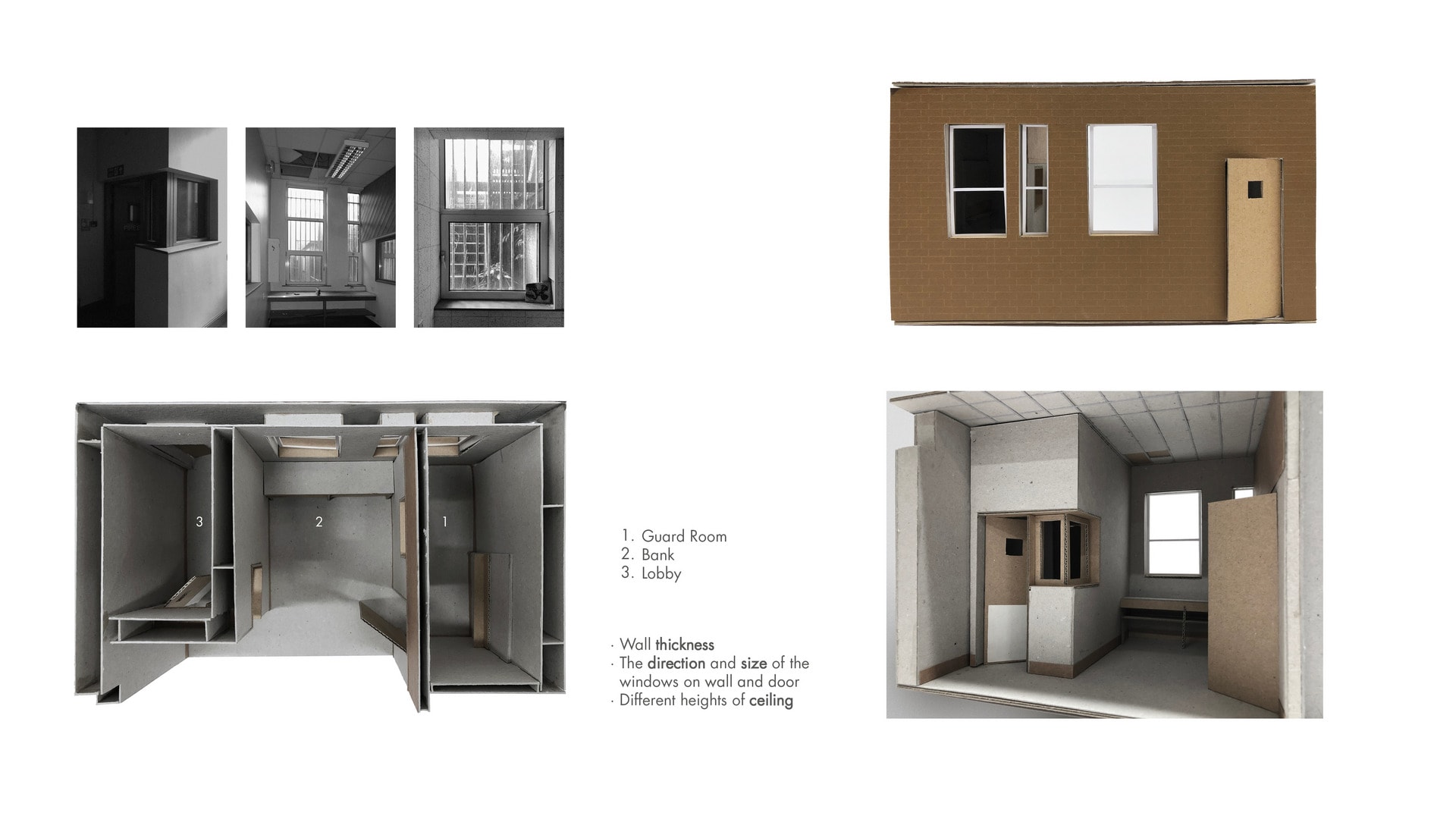 The first space is the most secure place for the building because its previous function was as a bank. When people enter the space from the outside, they will be observed by the security in the guard 