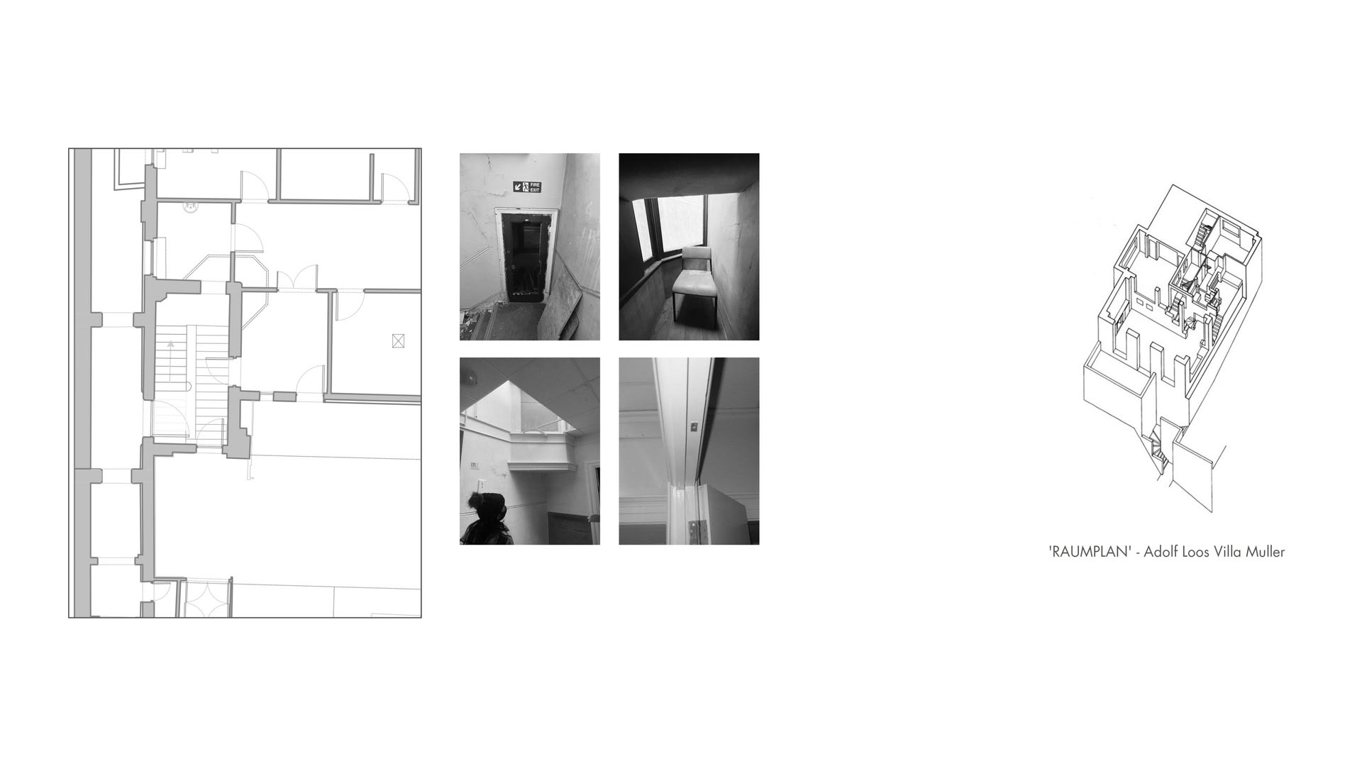 Another space is the Polygon space between the stairs. When a person sits here,once can observe what happens at the counter. 

Inspired by the architectural theory 'Raumplan' of architect Adolf Loos, 