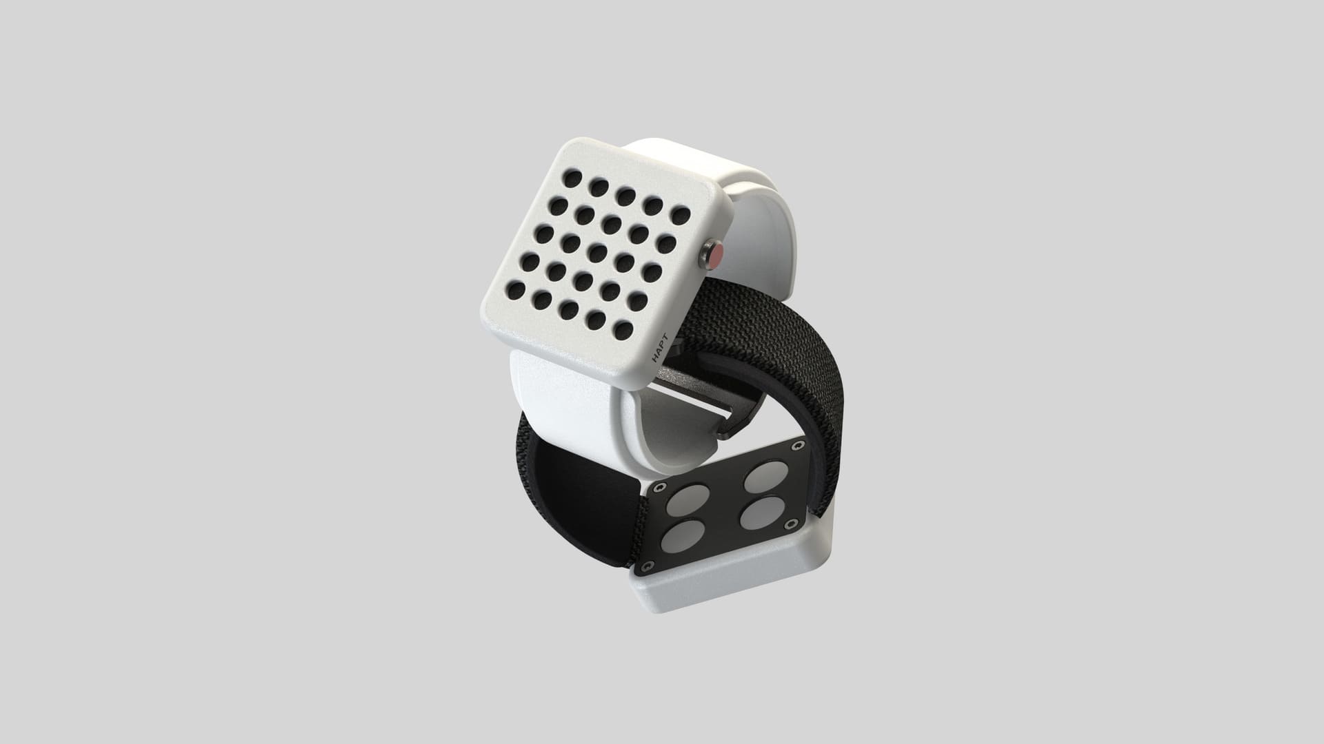 A rendering of a wristwatch with a clean white face which has a grid of holes on it. The side has one red button. 