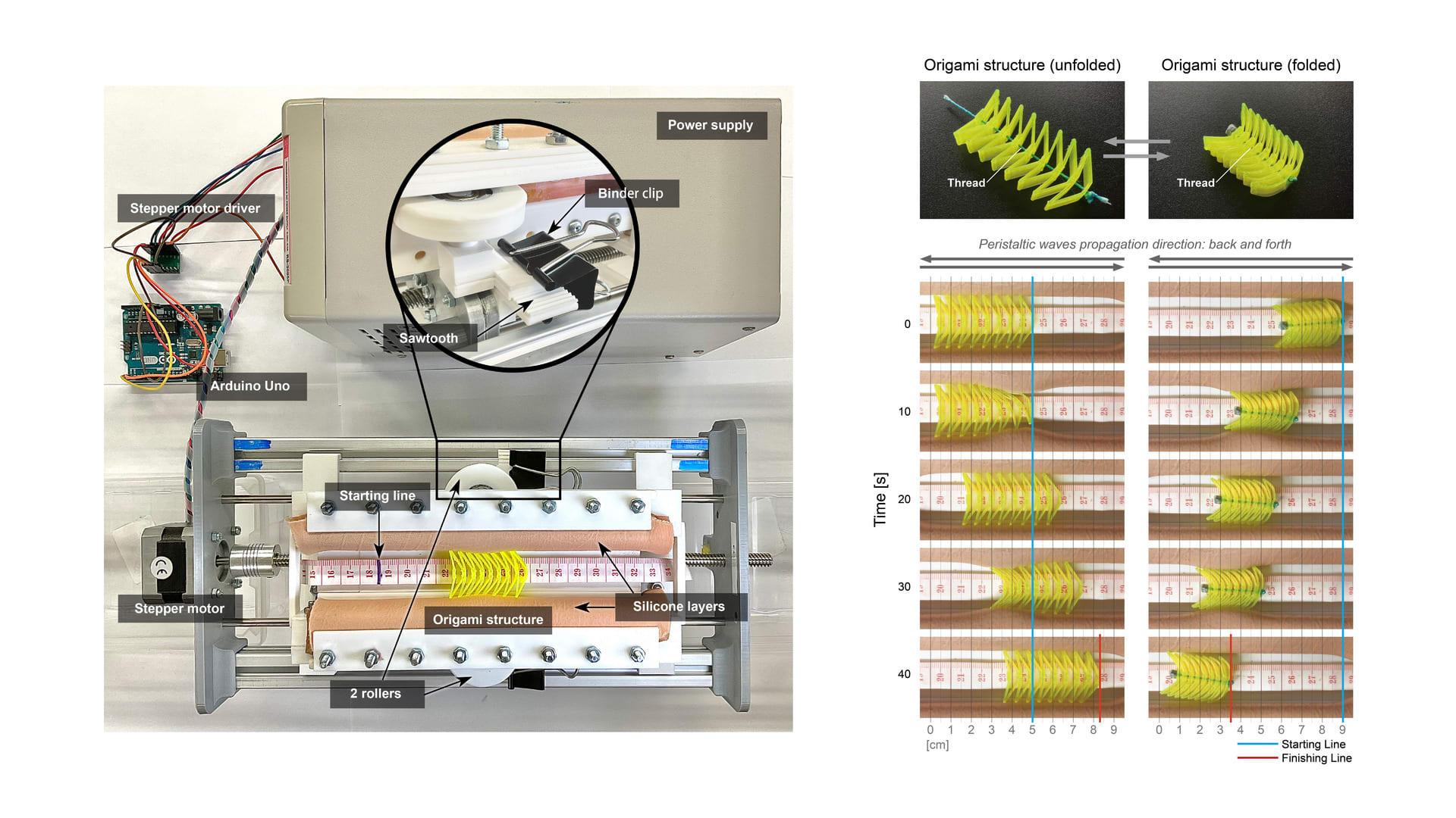 We conducted a set of experiments to test the behaviour of the proposed origami structure in a simulated intestine. 
We found that the folded origami structure moves in the opposite direction to the u