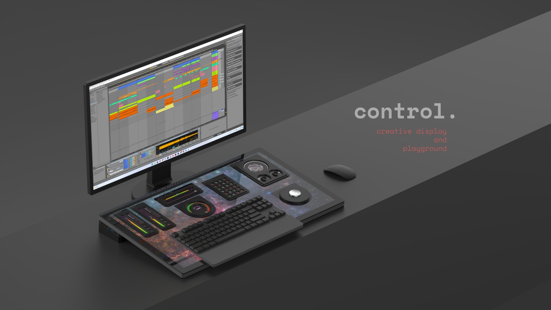 Rendering of the control creative display and playground  whilst using Ableton Live a music DAW (digital audio workstation).