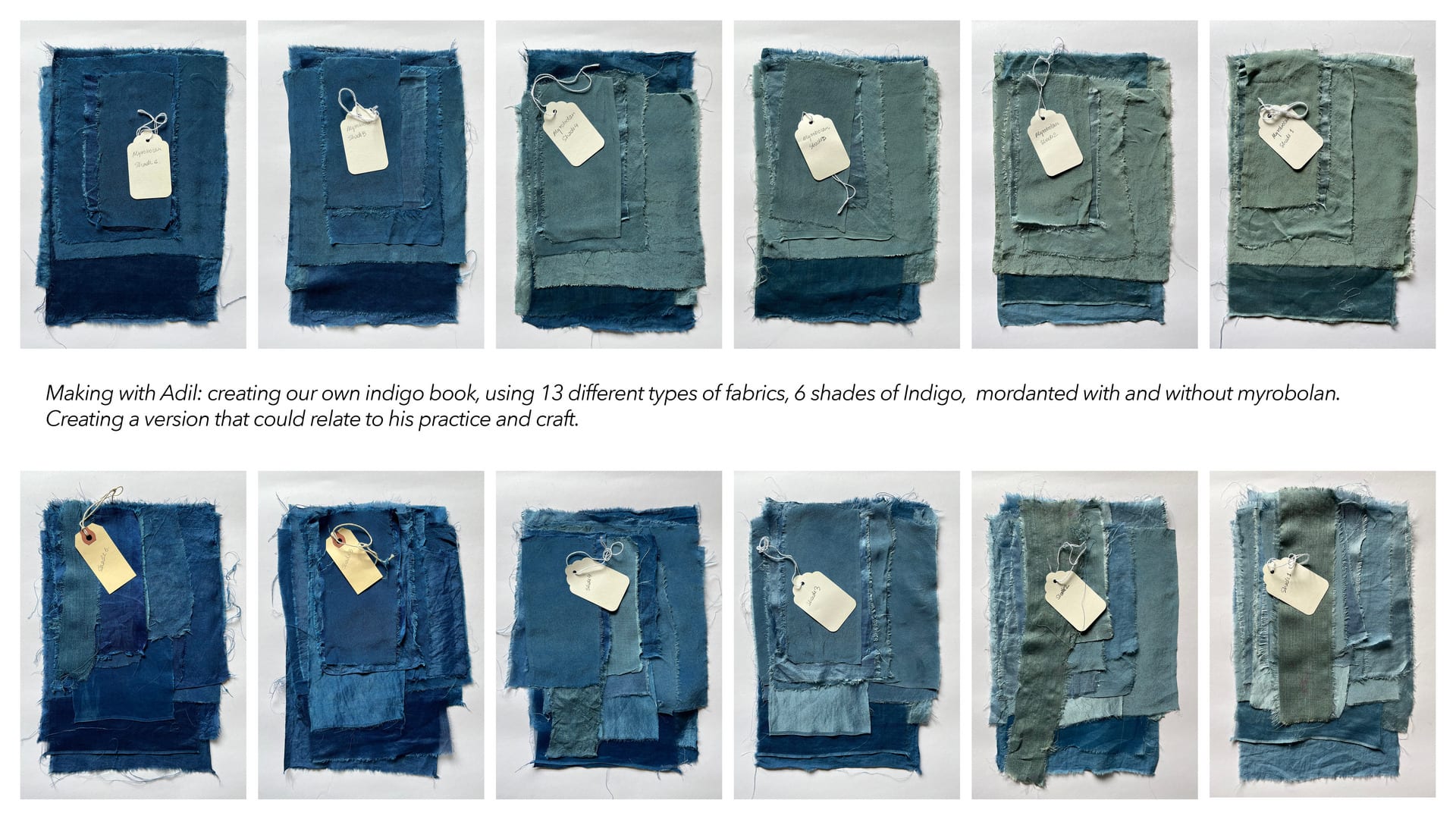 different fabrics dyed in Natural Indigo of different shades