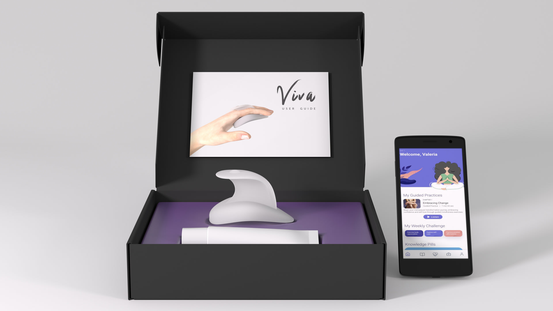 Digital render showing viva kit (box, device, sexual hygiene product) and phone with app screen
