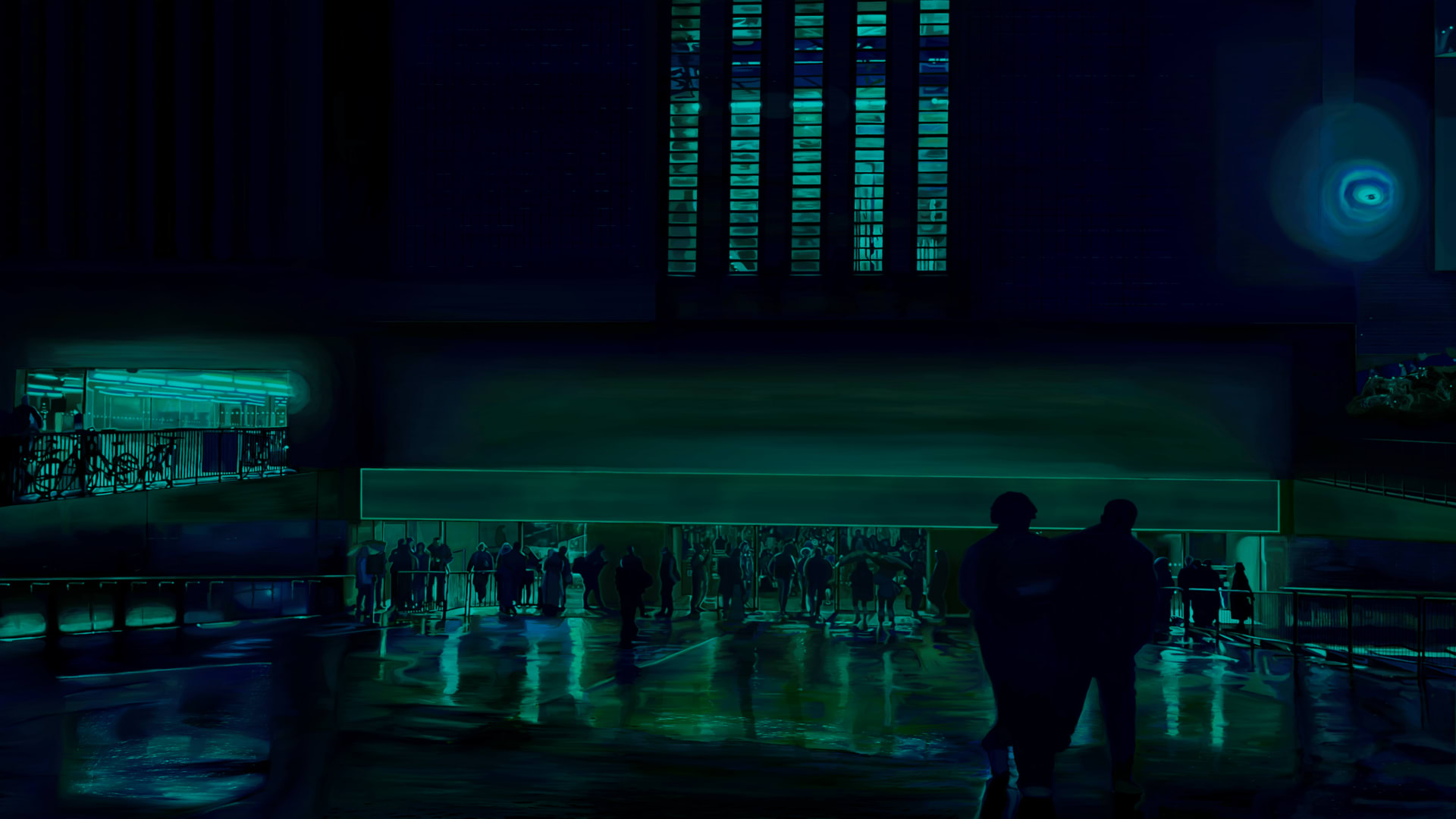 A blueish green drawing of a night scene in London. People are walking in all directions, meeting, and leaving.