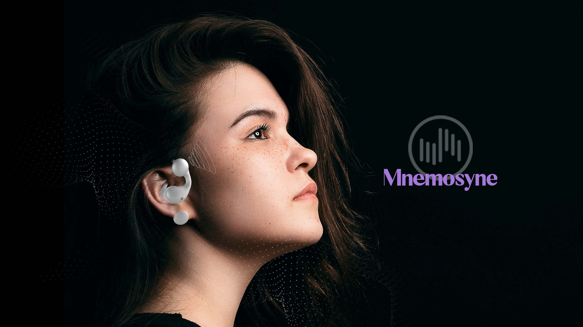 A person wearing a smart device on her right ear, with the logo of "Mnemosyne" in the picture