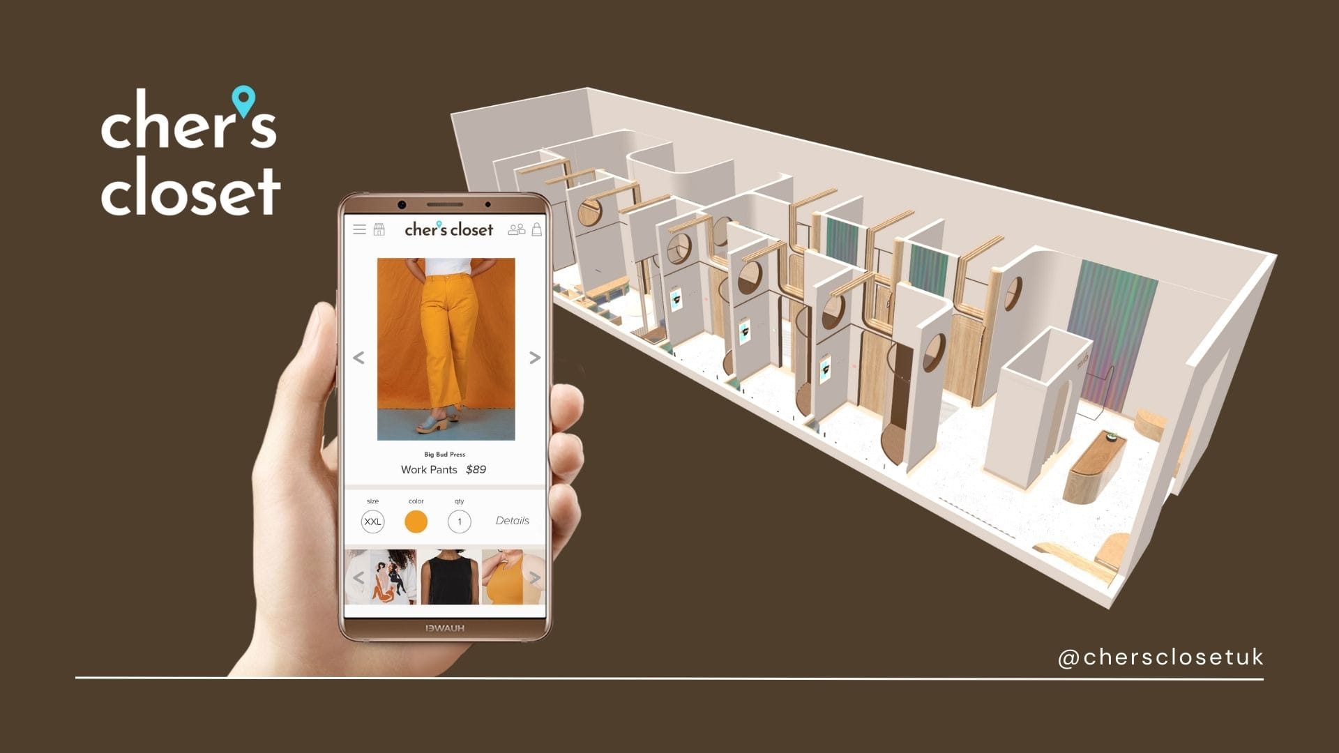 ''cher's closet'' app on phone overlayed with a 3D model of a commercial fitting room space