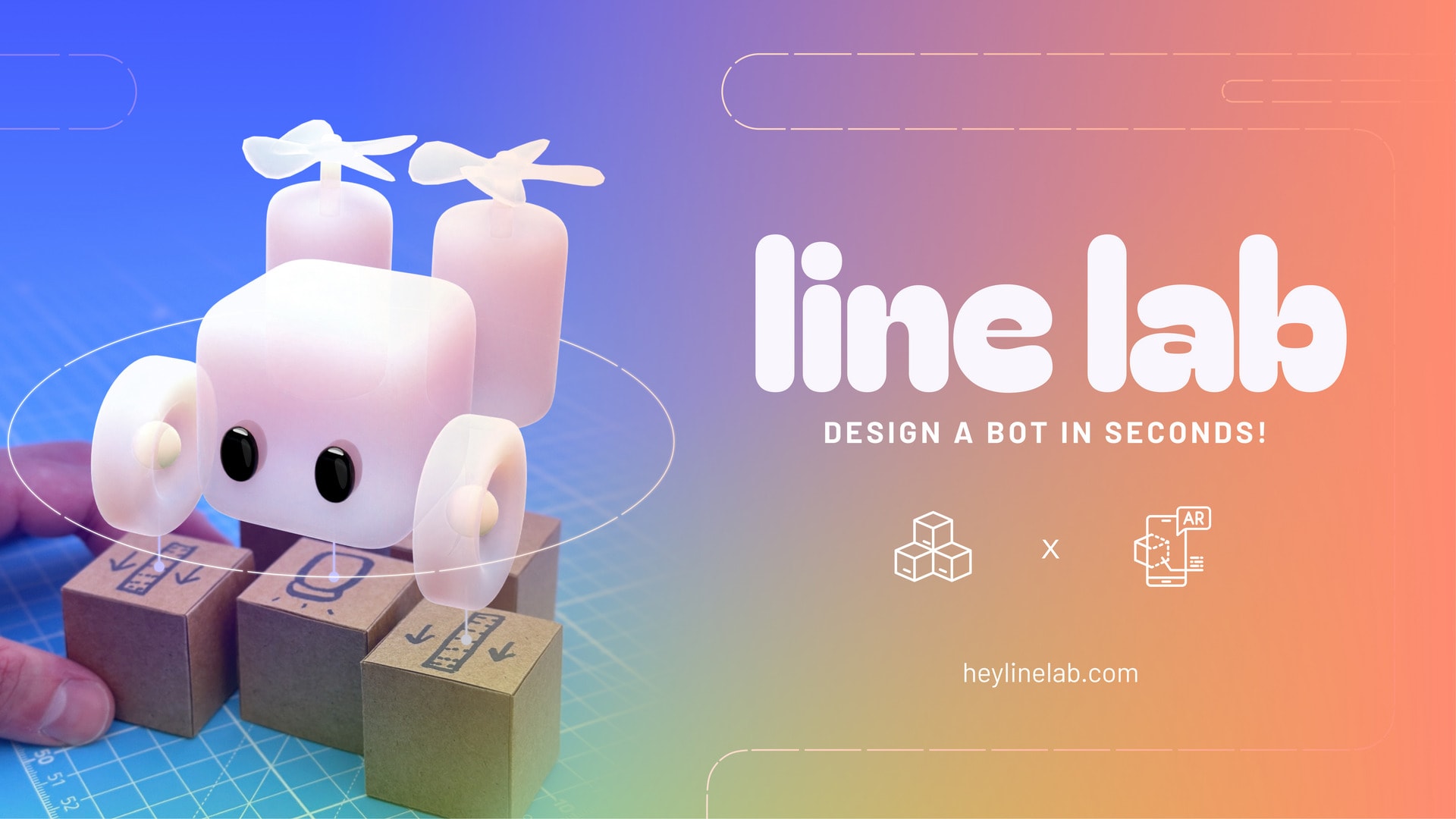 An augmented reality robot on top of paper cardboard cubes, next to the words "Line Lab"