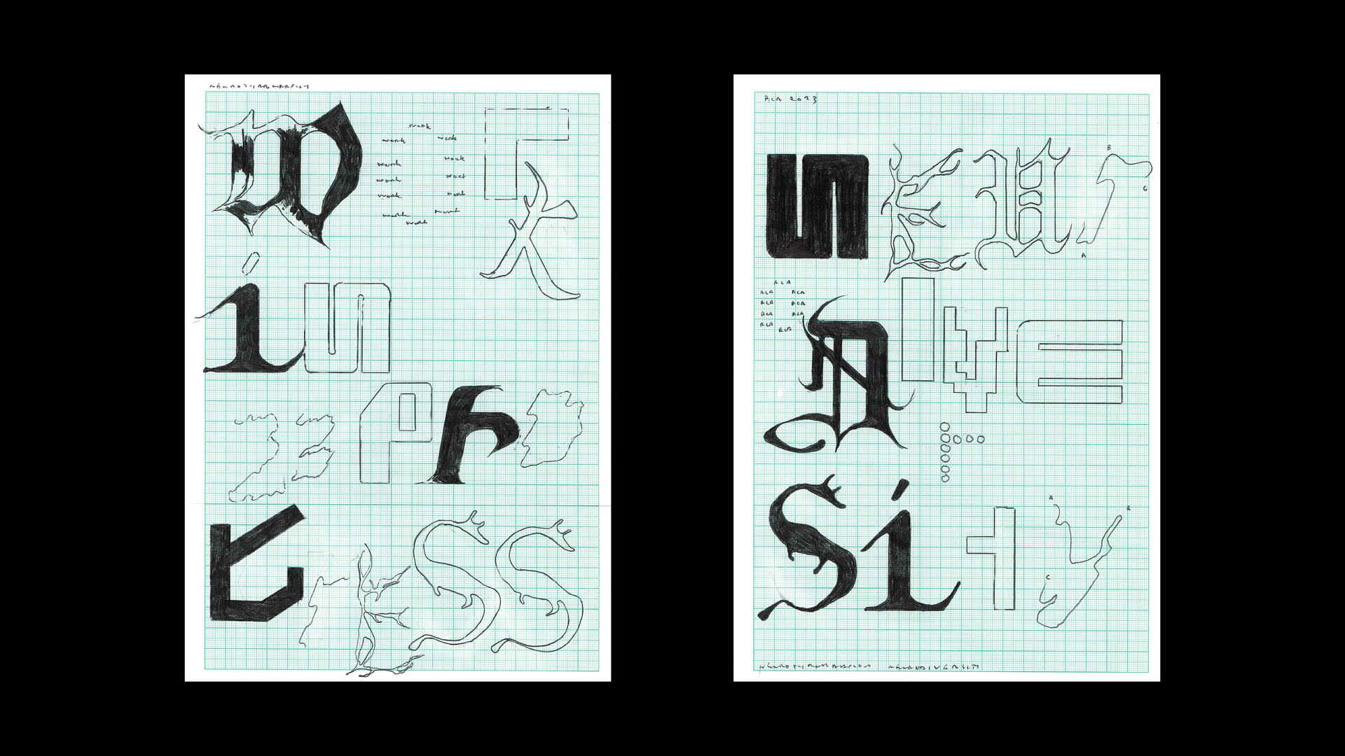 Two sheets of A4 graph paper, with pencil drawings depicting neurotypographic glyph forms. 