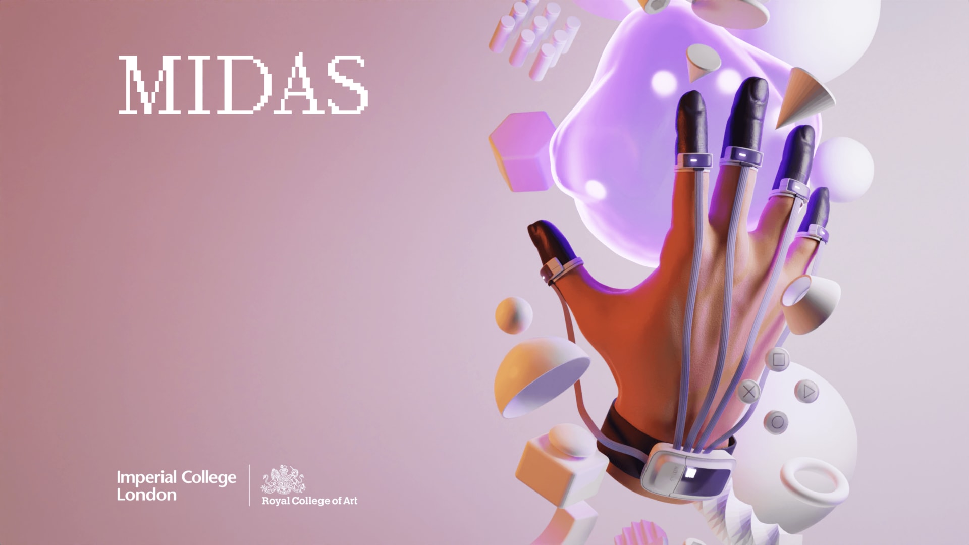 A product visualisation of the wearable controller, Midas, with objects floating around it.