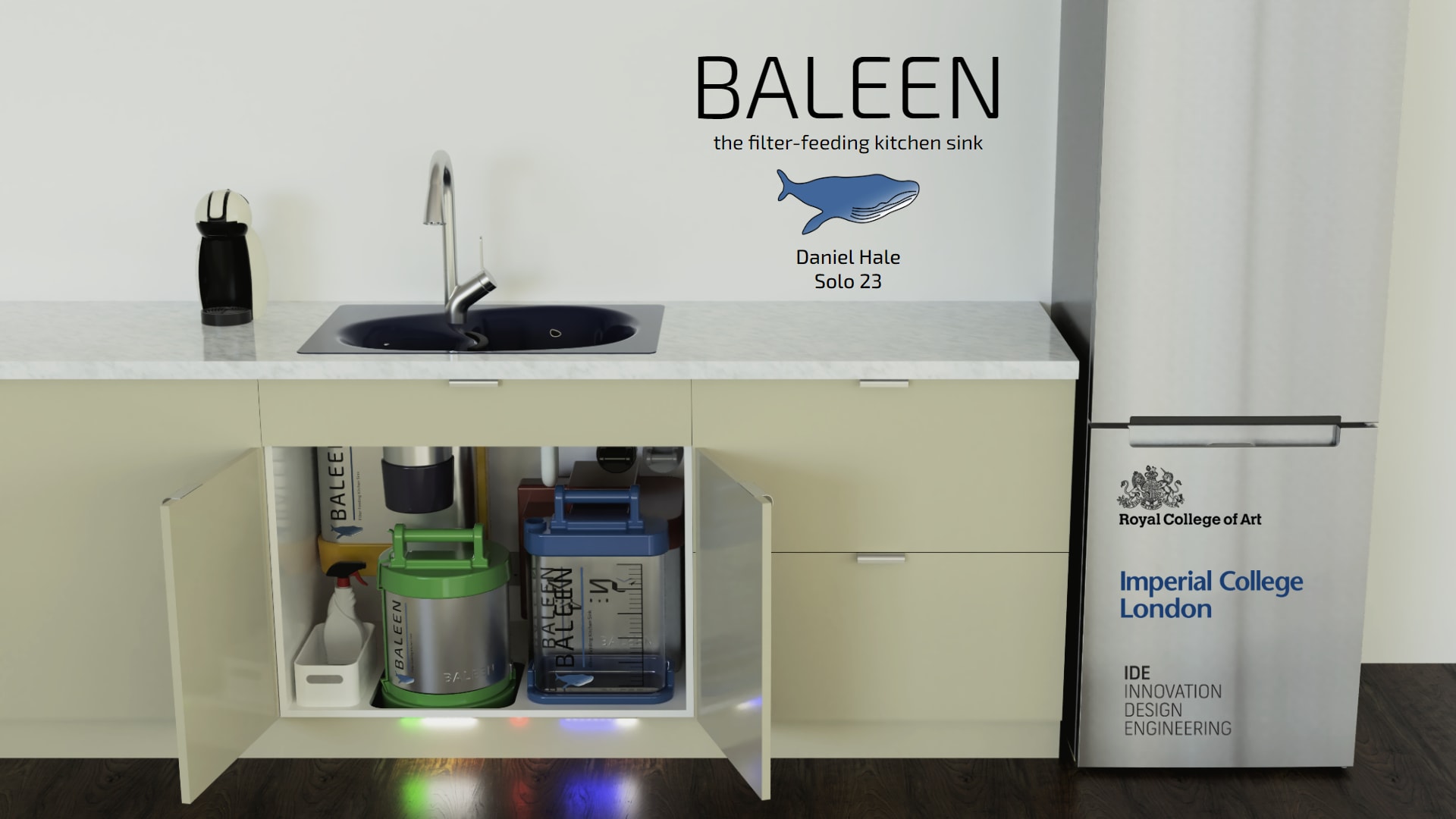 Cover page for the BALEEN project, shown in rendered kitchen scene