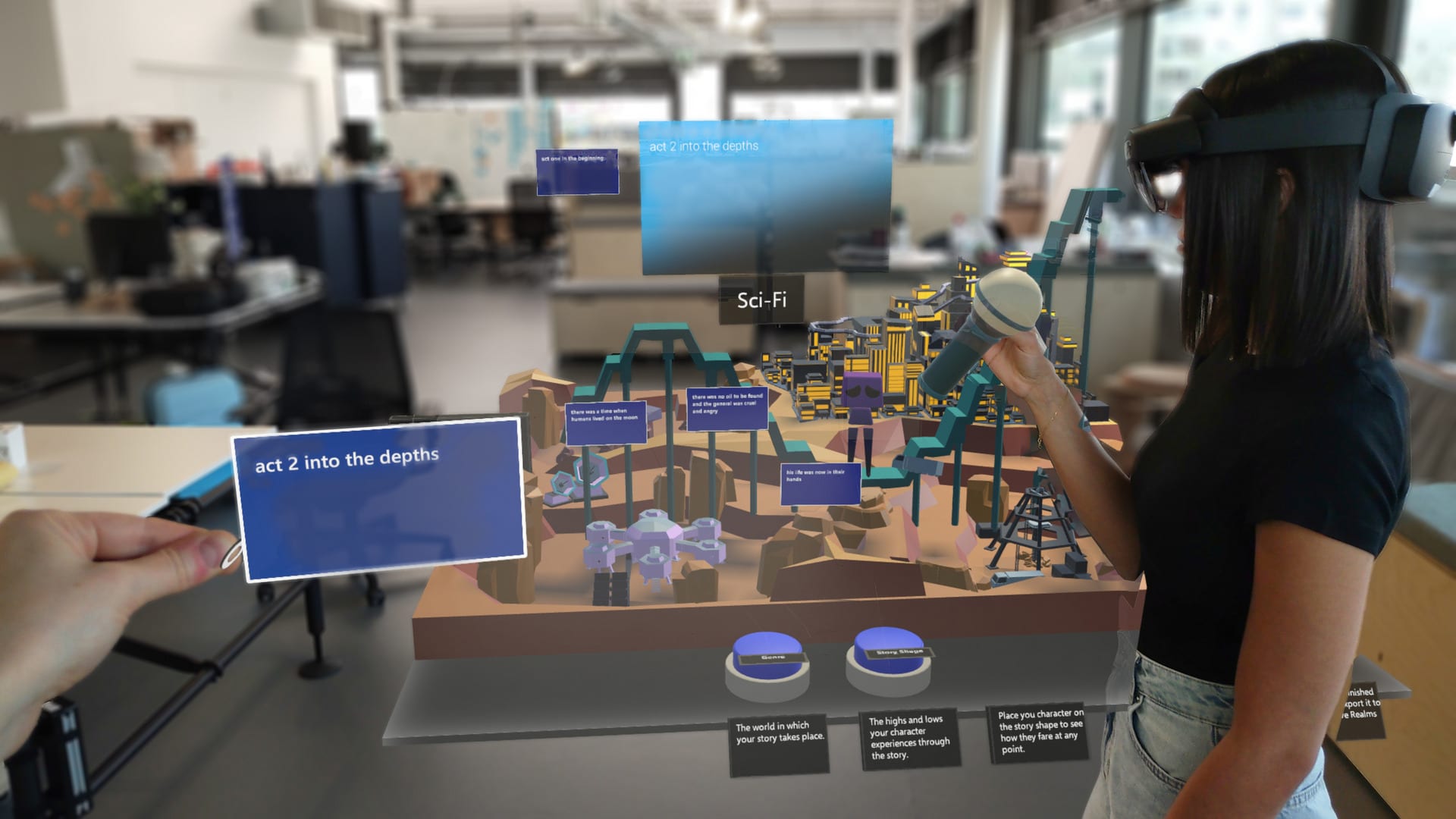 A woman holding a digital microphone. POV directly from a HoloLens. Holding a card that reads "Act 2: Into the depths".