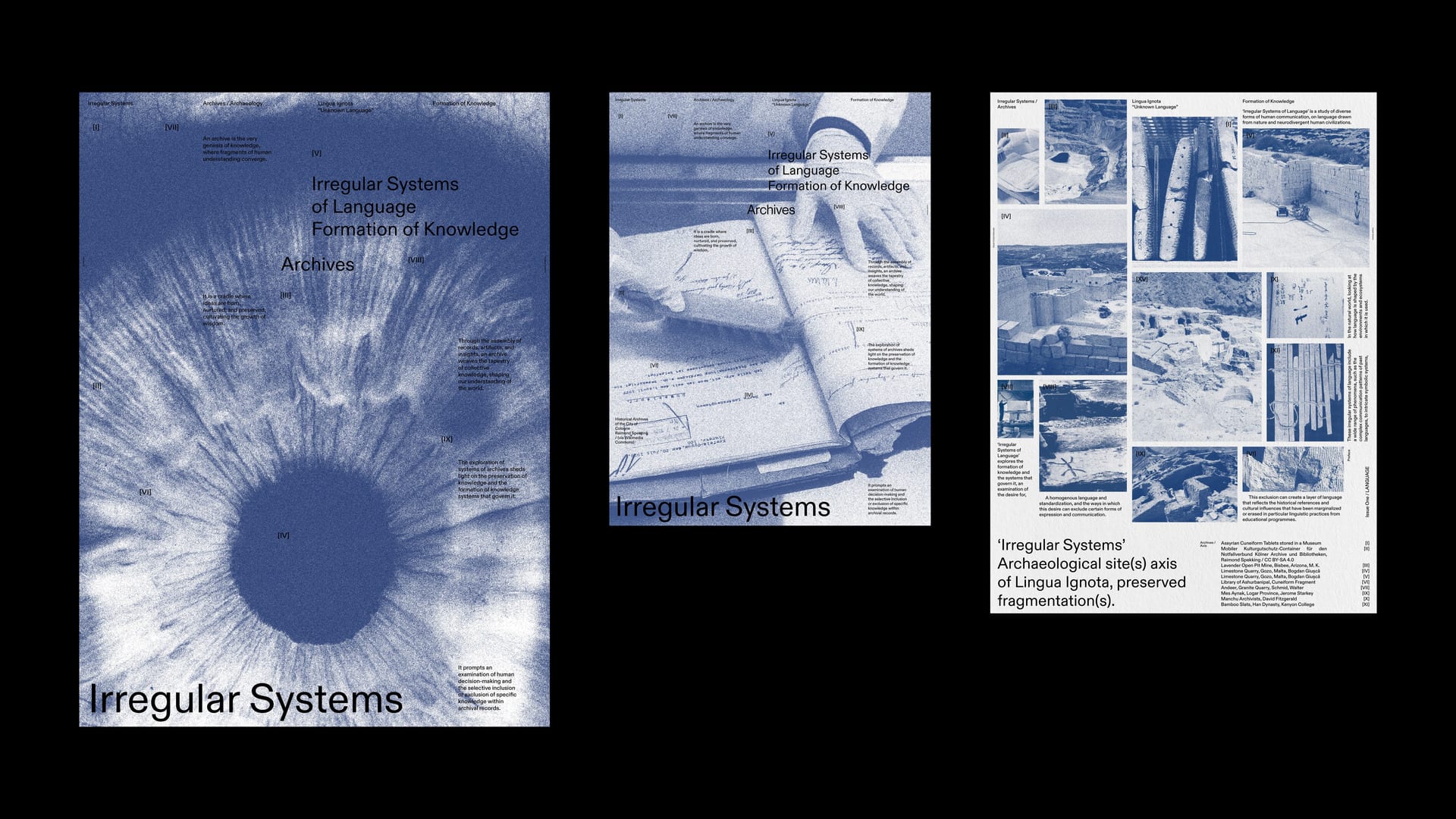 Three deep navy riso-printed archival documentation of archaeological sites and communication modes.