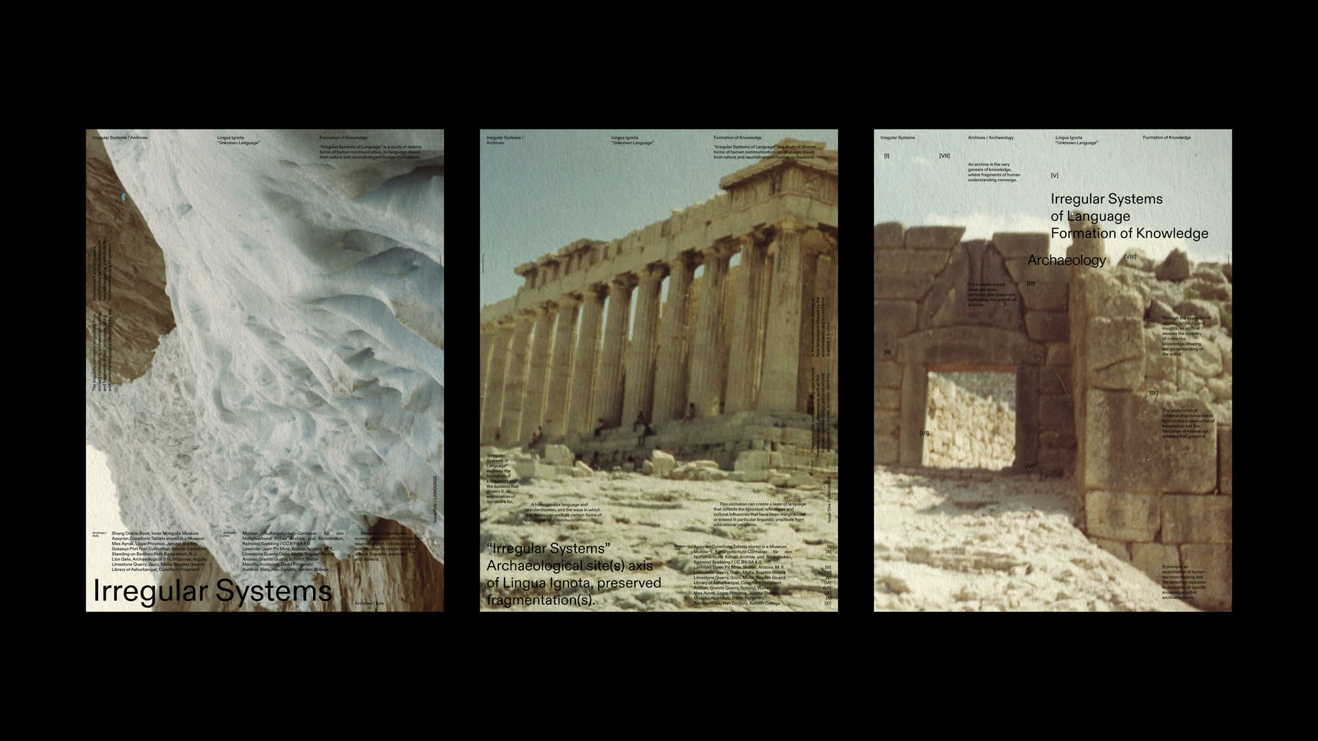 Three archival photographs of irregular systems, natural landscape and archaeological sites.