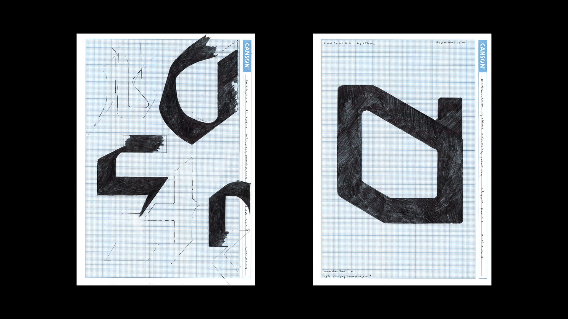 A4 Blue Canson graph paper, abstract pencil drawings of glyph forms, curved. 