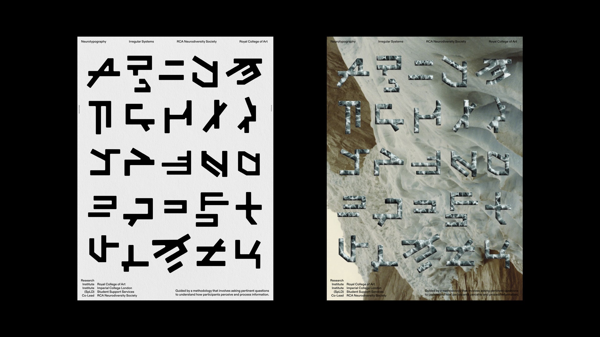 Two layouts of the neurotypography alphabet glyph forms, one on  a plain white background, one on a landscape image.